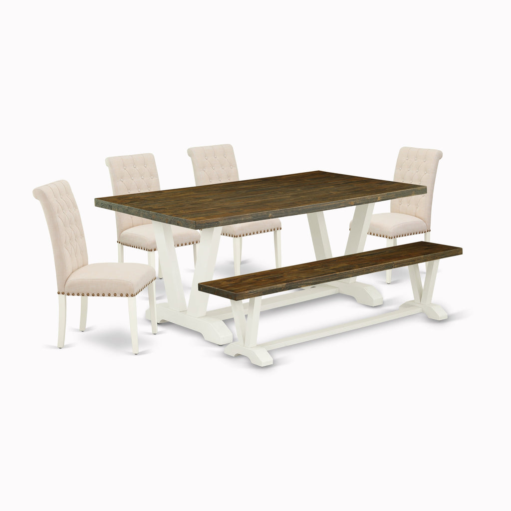 East West Furniture V077BR202-6 6 Piece Dining Set Contains a Rectangle Dining Room Table with V-Legs and 4 Light Beige Linen Fabric Parson Chairs with a Bench, 40x72 Inch, Multi-Color