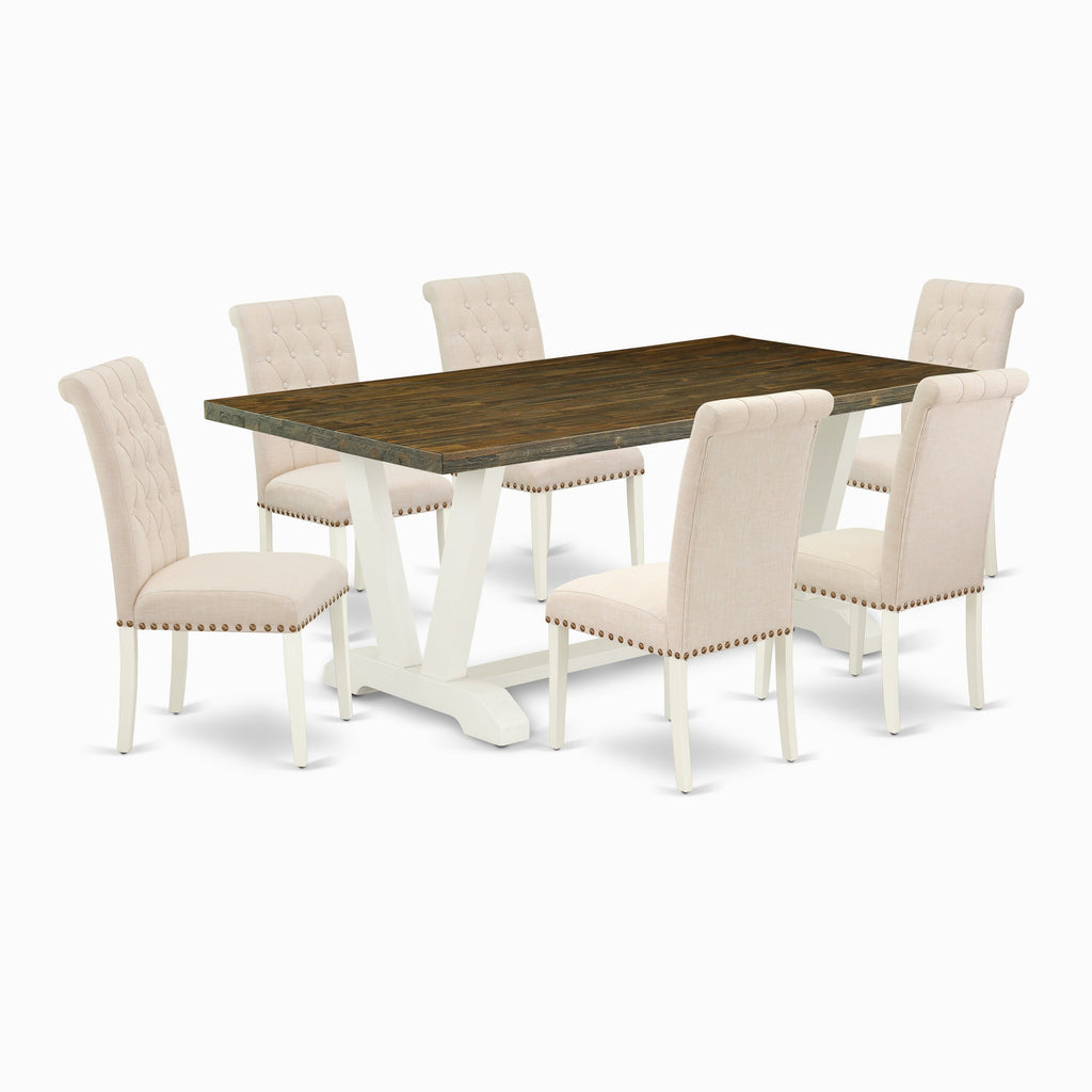 Juego de mesa de cocina de 7 piezas East West Furniture V077BR202-7 compuesto por una mesa de comedor rectangular con patas en V y 6 sillas de comedor Parsons de tela de lino beige claro.