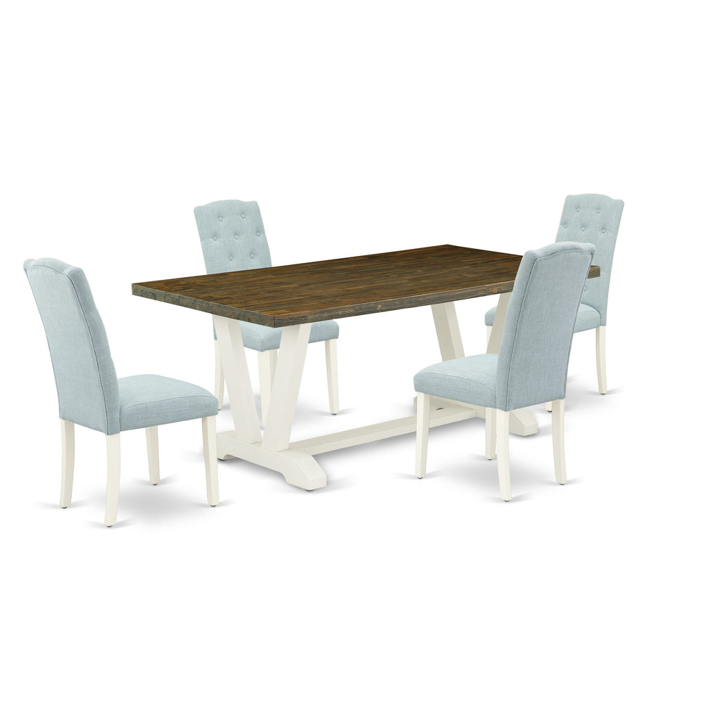 Juego de mesa de comedor moderna de 5 piezas East West Furniture V077CE215-5. Incluye una mesa rectangular de madera con patas en V y 4 sillas tapizadas en tela de lino azul bebé.