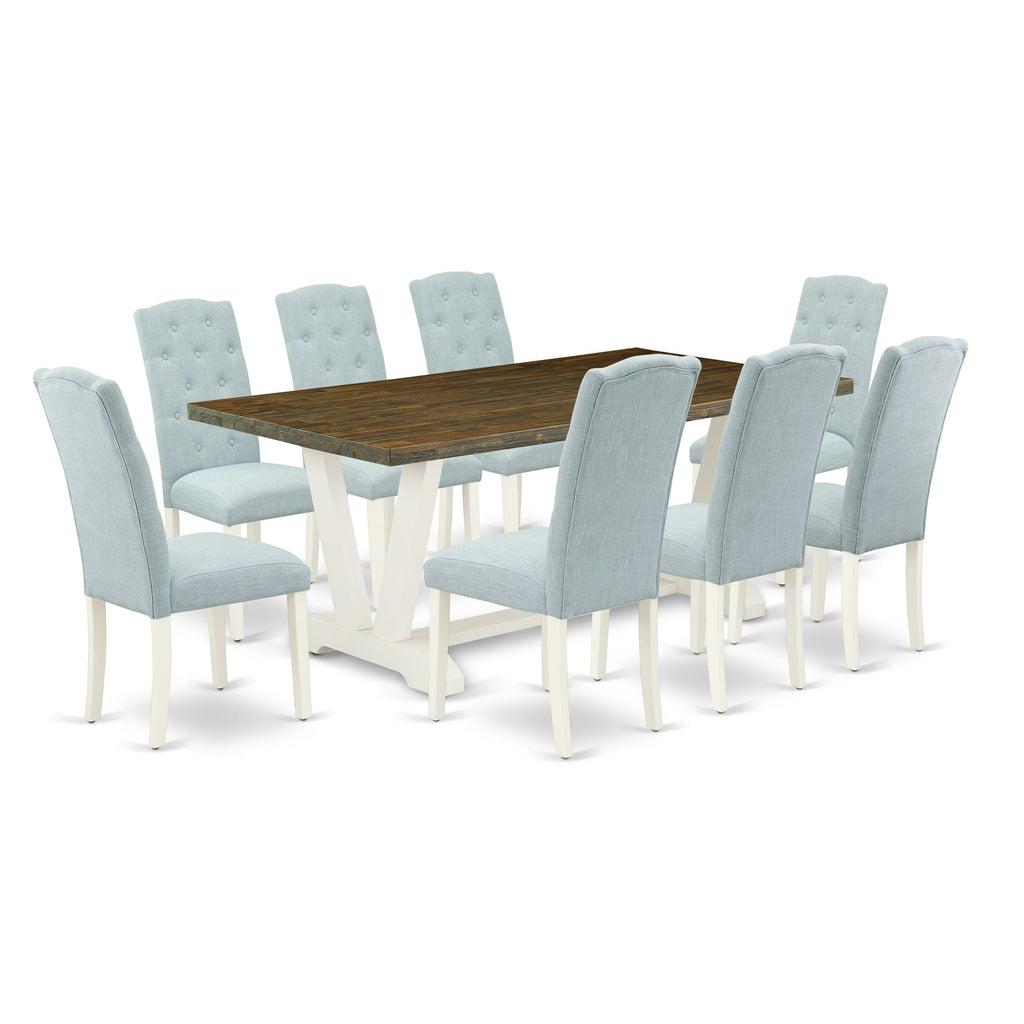 Juego de comedor East West Furniture V077CE215-9 de 9 piezas. Incluye una mesa de cocina rectangular con patas en V y 8 sillas Parson tapizadas en tela de lino azul bebé.