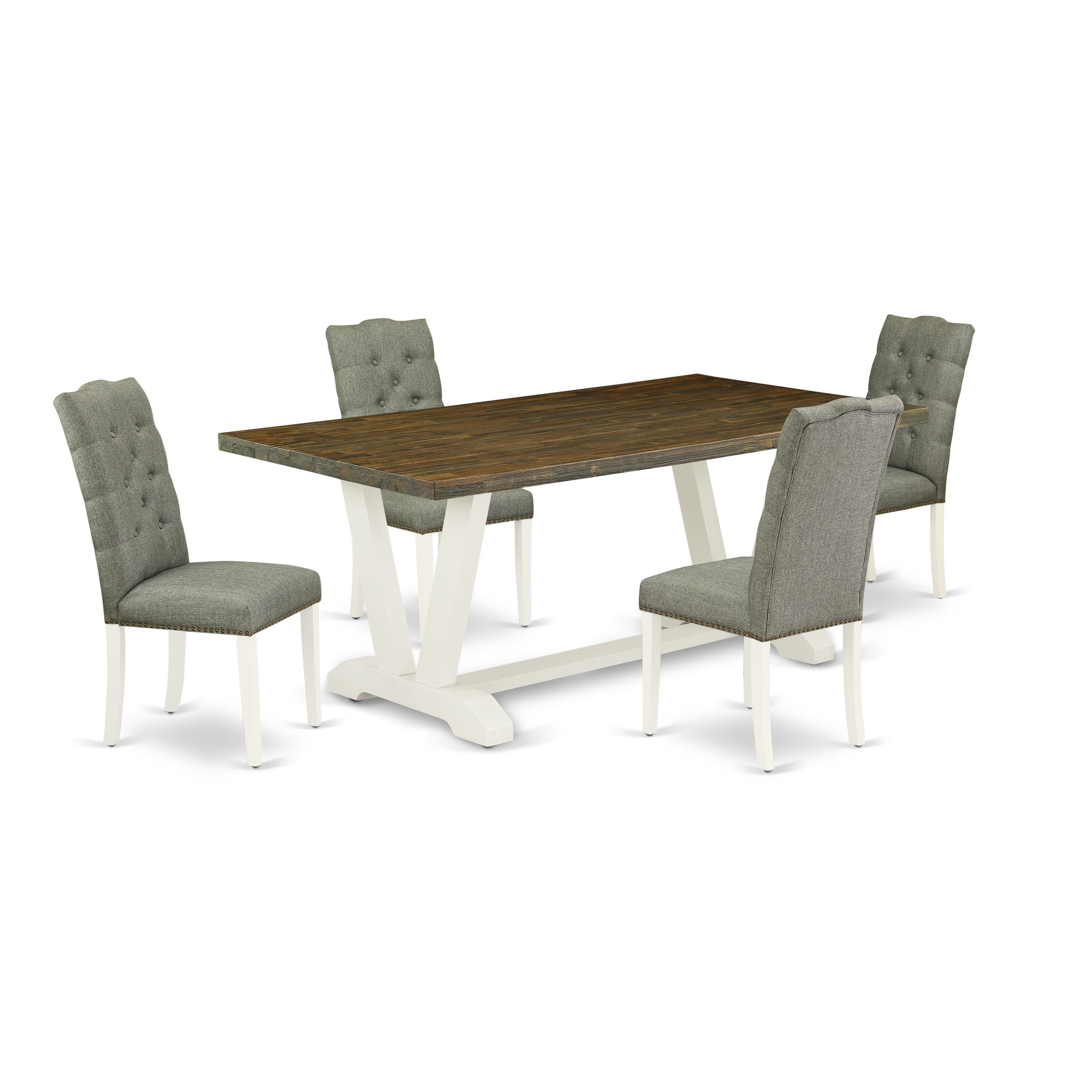 East West Furniture V077EL207-5 5-Pc Dining Room Set- 4 kitchen chairs with Smoke Linen Fabric Seat and Button Tufted Chair Back - Dining Room Table (Distressed Jacobean Finish)