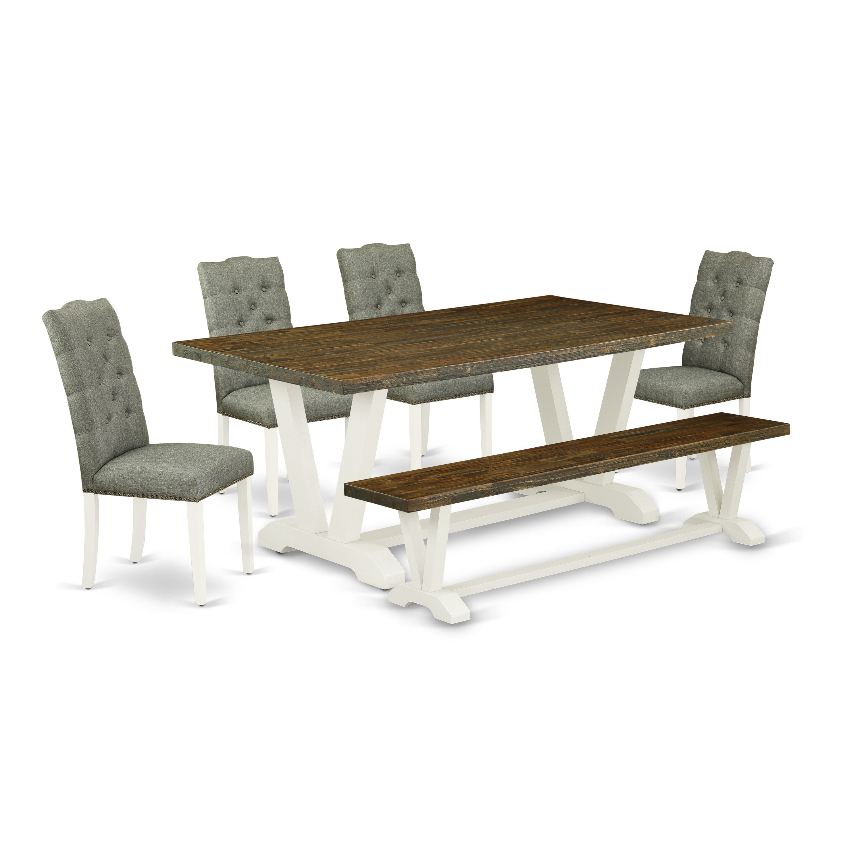 East West Furniture 6-Pc Kitchen Dining Set- 4 Kitchen Chairs with Smoke Linen Fabric Seat and Button Tufted Chair Back - Rectangular top & Wooden Legs Dining Room Table and Bench - Distressed Jacobean and Black Finish