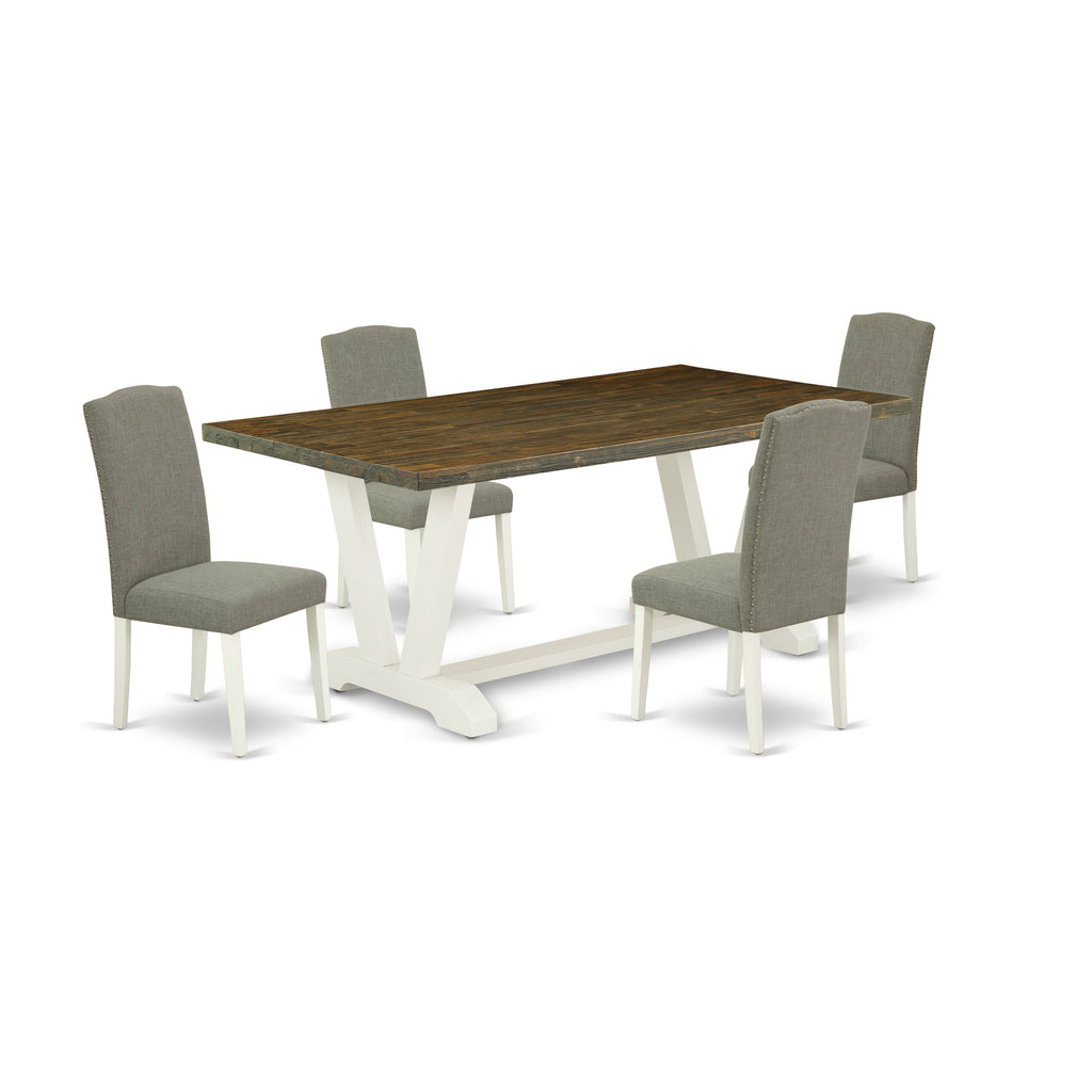 Juego de mesa de comedor moderna de 5 piezas East West Furniture V077EN206-5. Incluye una mesa rectangular de madera con patas en V y 4 sillas de comedor Parsons de tela de lino shitake oscuro.