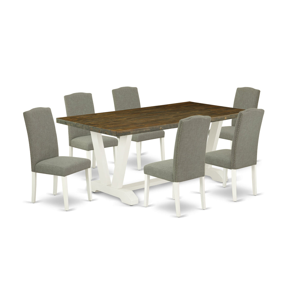 East West Furniture V077EN206-7 7 Piece Dining Room Furniture Set Consist of a Rectangle Dining Table with V-Legs and 6 Dark Shitake Linen Fabric Parsons Chairs, 40x72 Inch, Multi-Color