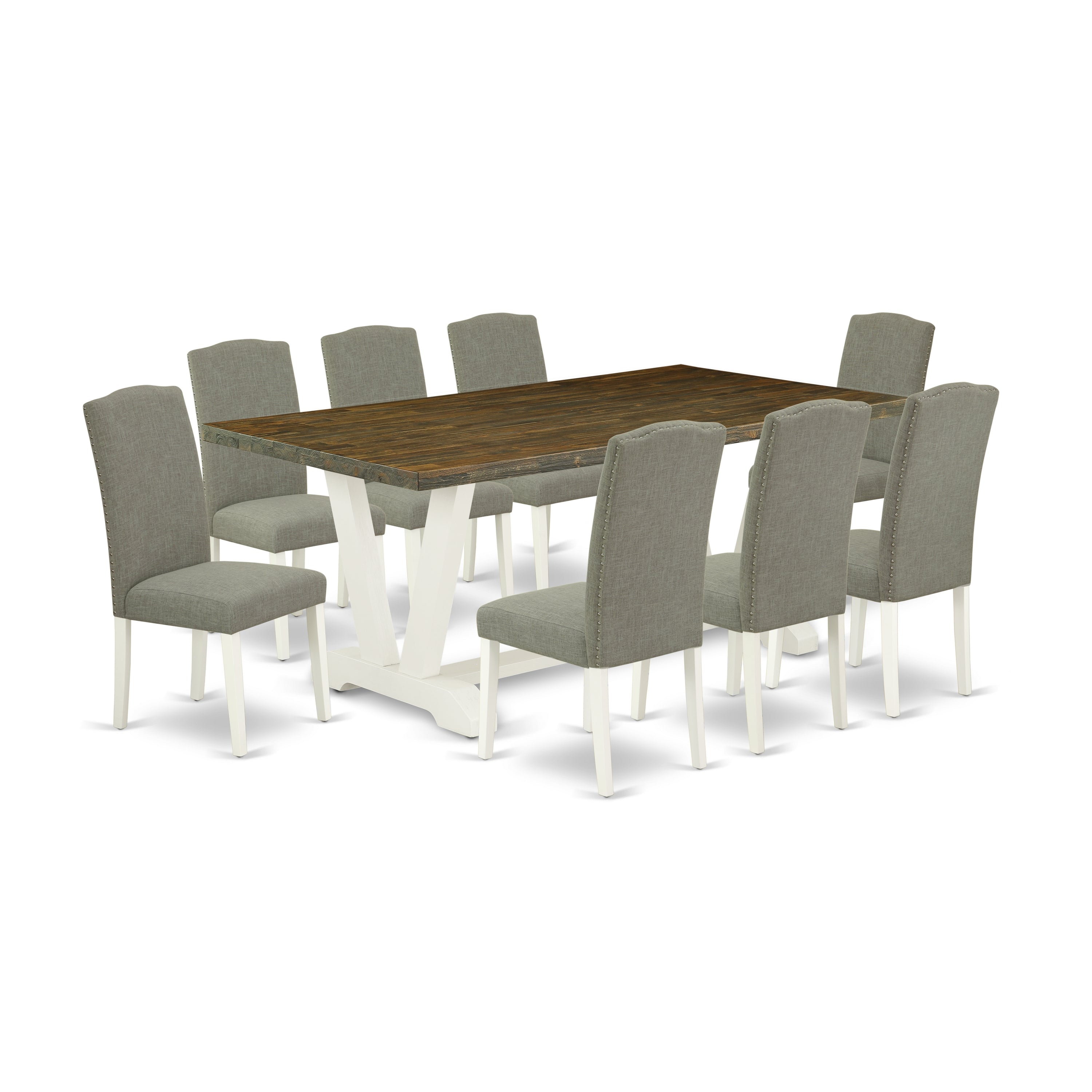 Juego de mesa de comedor moderna de 9 piezas East West Furniture V077EN206-9. Incluye una mesa rectangular de madera con patas en V y 8 sillas de comedor Parsons de tela de lino shitake oscuro.