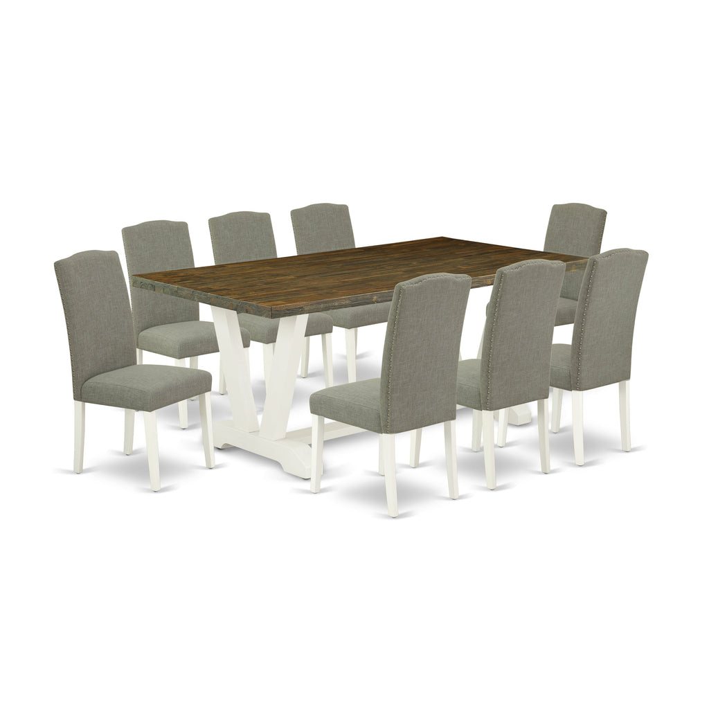 Juego de mesa de comedor moderna de 9 piezas East West Furniture V077EN206-9. Incluye una mesa rectangular de madera con patas en V y 8 sillas de comedor Parsons de tela de lino shitake oscuro.