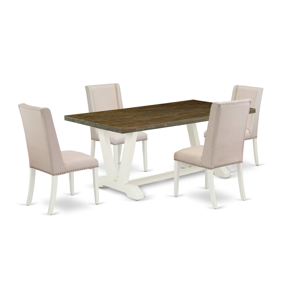 East West Furniture V077FL201-5 5 Piece Dining Set Includes a Rectangle Dining Room Table with V-Legs and 4 Cream Linen Fabric Upholstered Parson Chairs, 40x72 Inch, Multi-Color