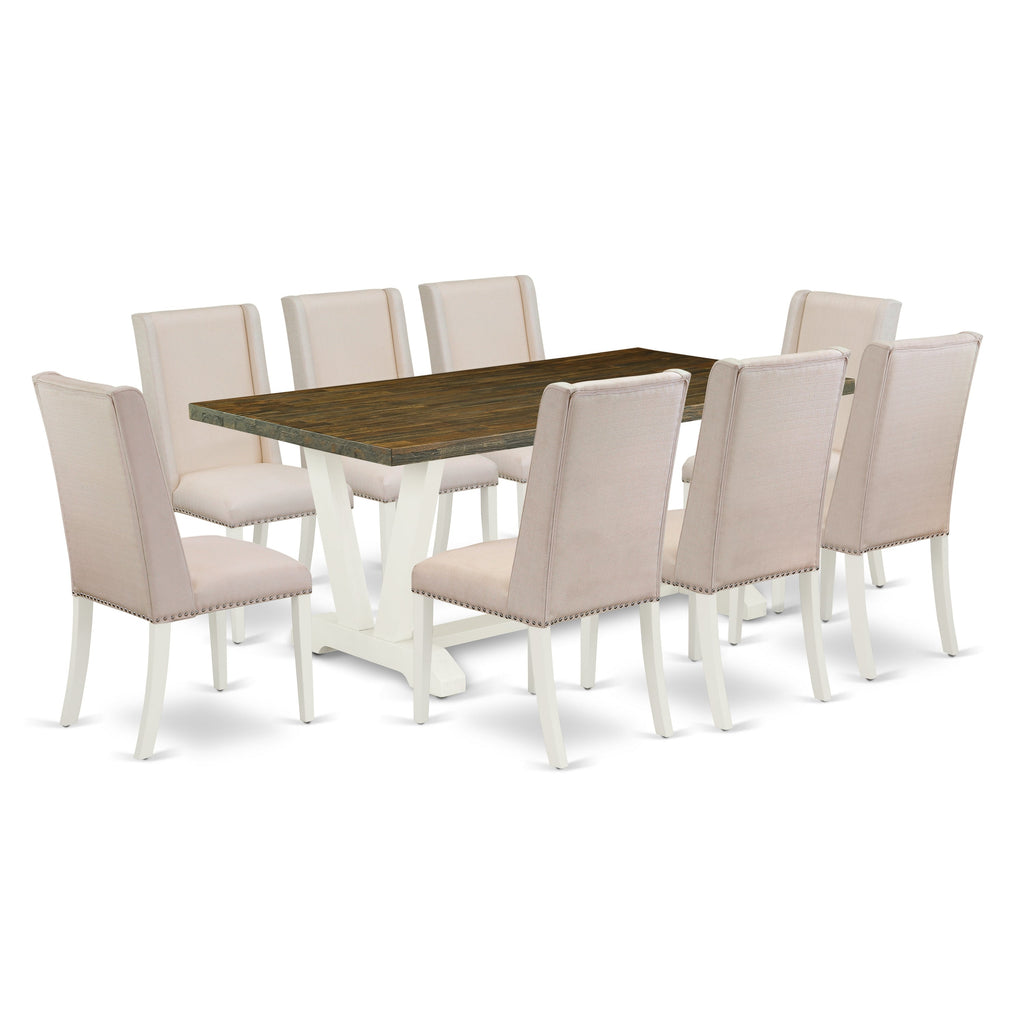 Juego de comedor East West Furniture V077FL201-9 de 9 piezas. Incluye una mesa de comedor rectangular con patas en V y 8 sillas Parson tapizadas en tela de lino color crema.