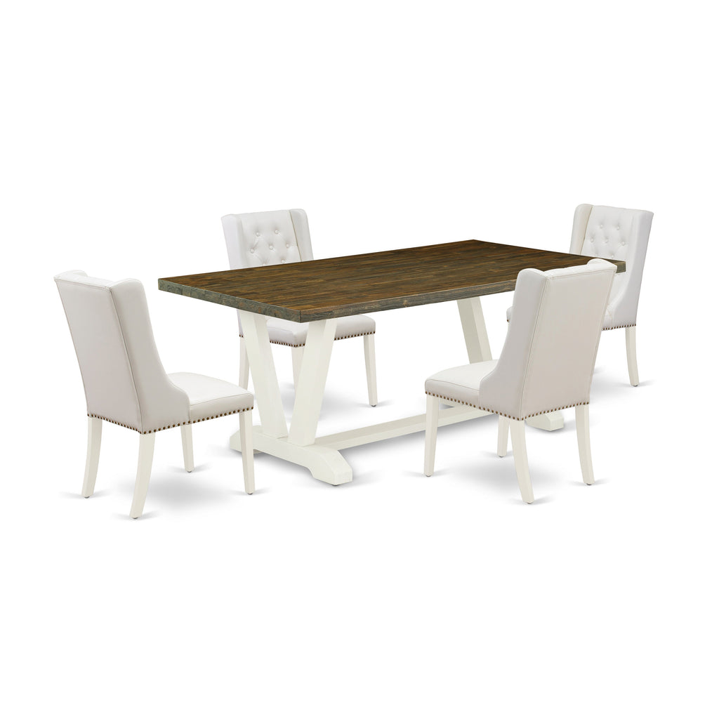 Juego de mesa de comedor moderna de 5 piezas East West Furniture V077FO244-5 Incluye una mesa rectangular de madera con patas en V y 4 sillas tapizadas de piel sintética gris claro