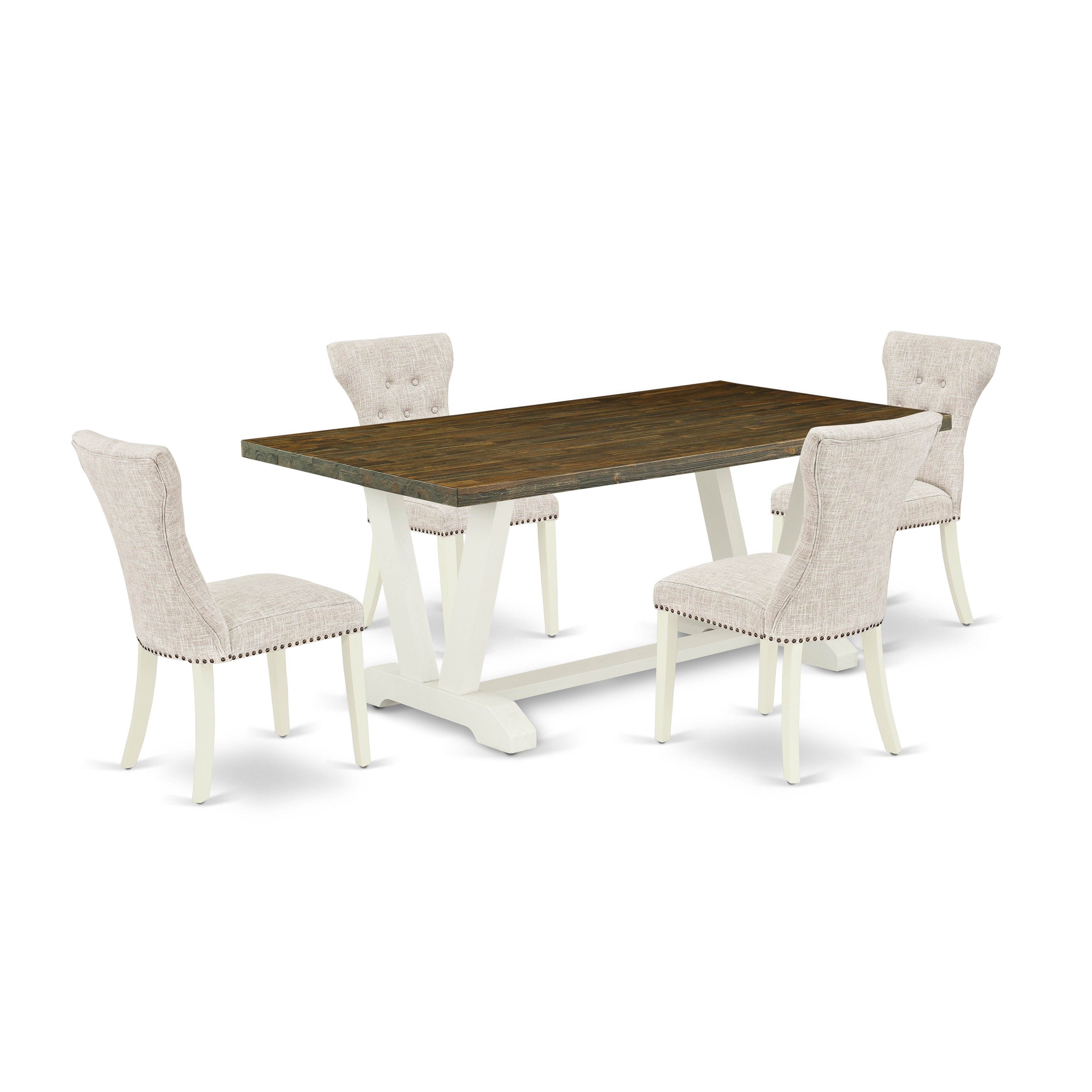 East West Furniture V077GA235-5 5-Piece Dining Set- 4 Parson Dining Chairs with Doeskin Linen Fabric Seat and Button Tufted Chair Back - Kitchen Dining Table (Distressed Jacobean Finish)