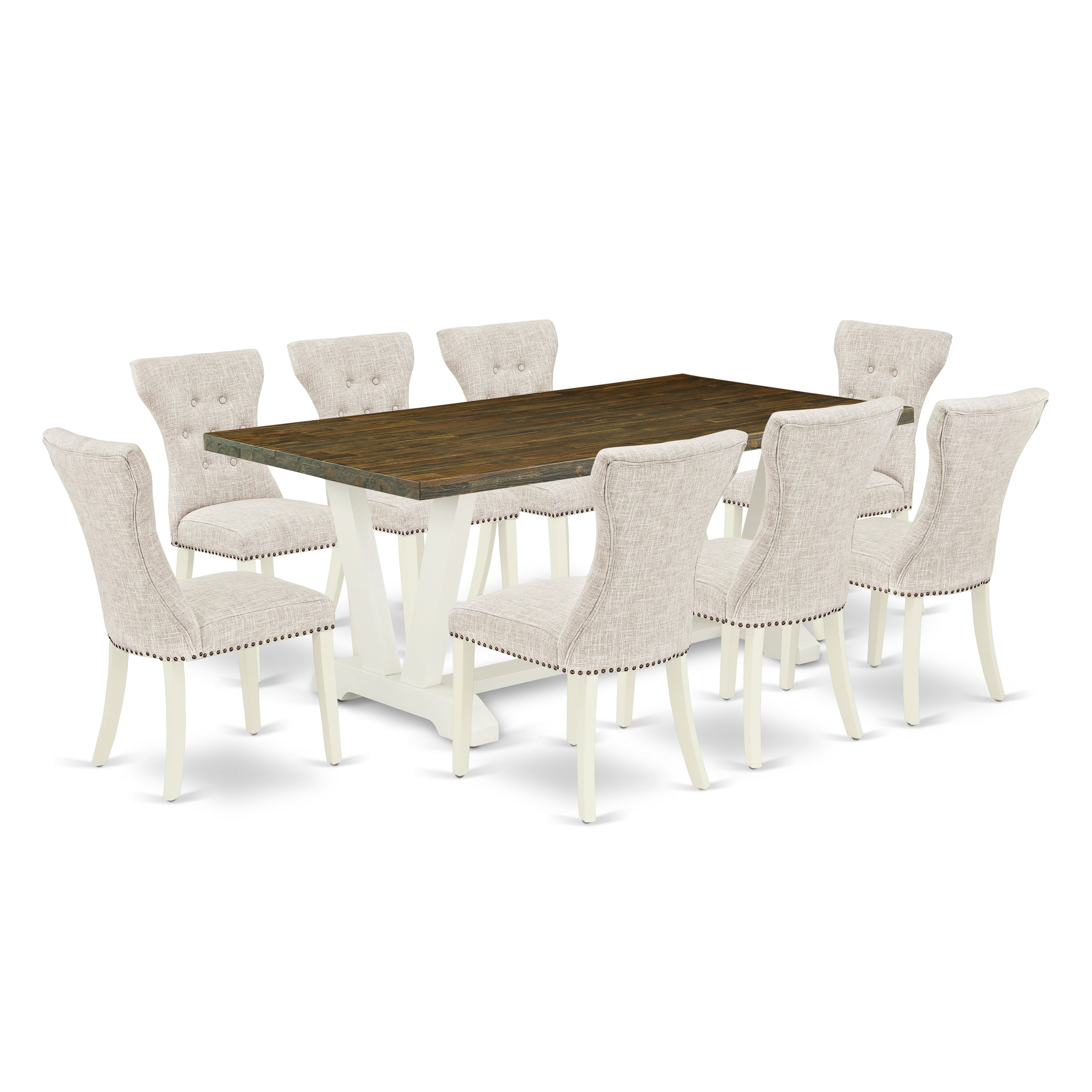 East West Furniture V077GA235-9 9-Pc Dining Table Set- 8 Parson Dining Chairs with Doeskin Linen Fabric Seat and Button Tufted Chair Back - Rectangular Table top & Wooden Legs - Distressed Jacobean and linen white Finish