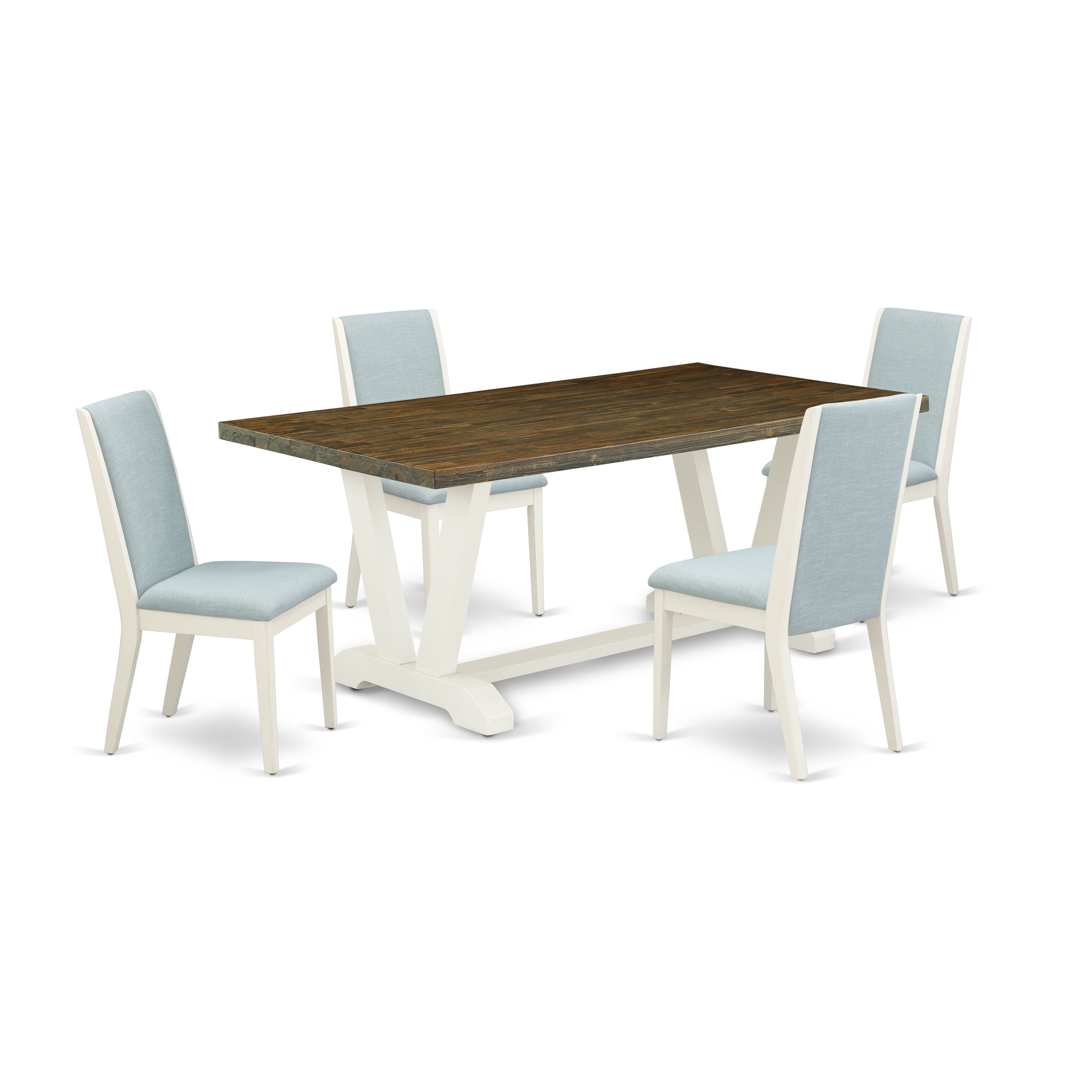 East West Furniture V077LA015-5 5Pc Kitchen Table Set Consists of a Rectangular Table and 4 Parson Dining Chairs with Baby Blue Color Linen Fabric, Medium Size Table with Full Back Chairs, Wirebrushed Linen White and Distressed Jacobean Finish