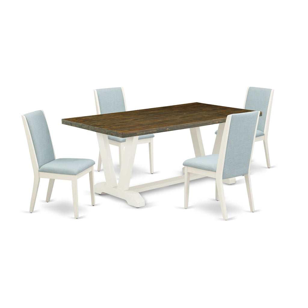 East West Furniture V077LA015-5 5 Piece Dinette Set Includes a Rectangle Dining Room Table with V-Legs and 4 Baby Blue Linen Fabric Upholstered Parson Chairs, 40x72 Inch, Multi-Color