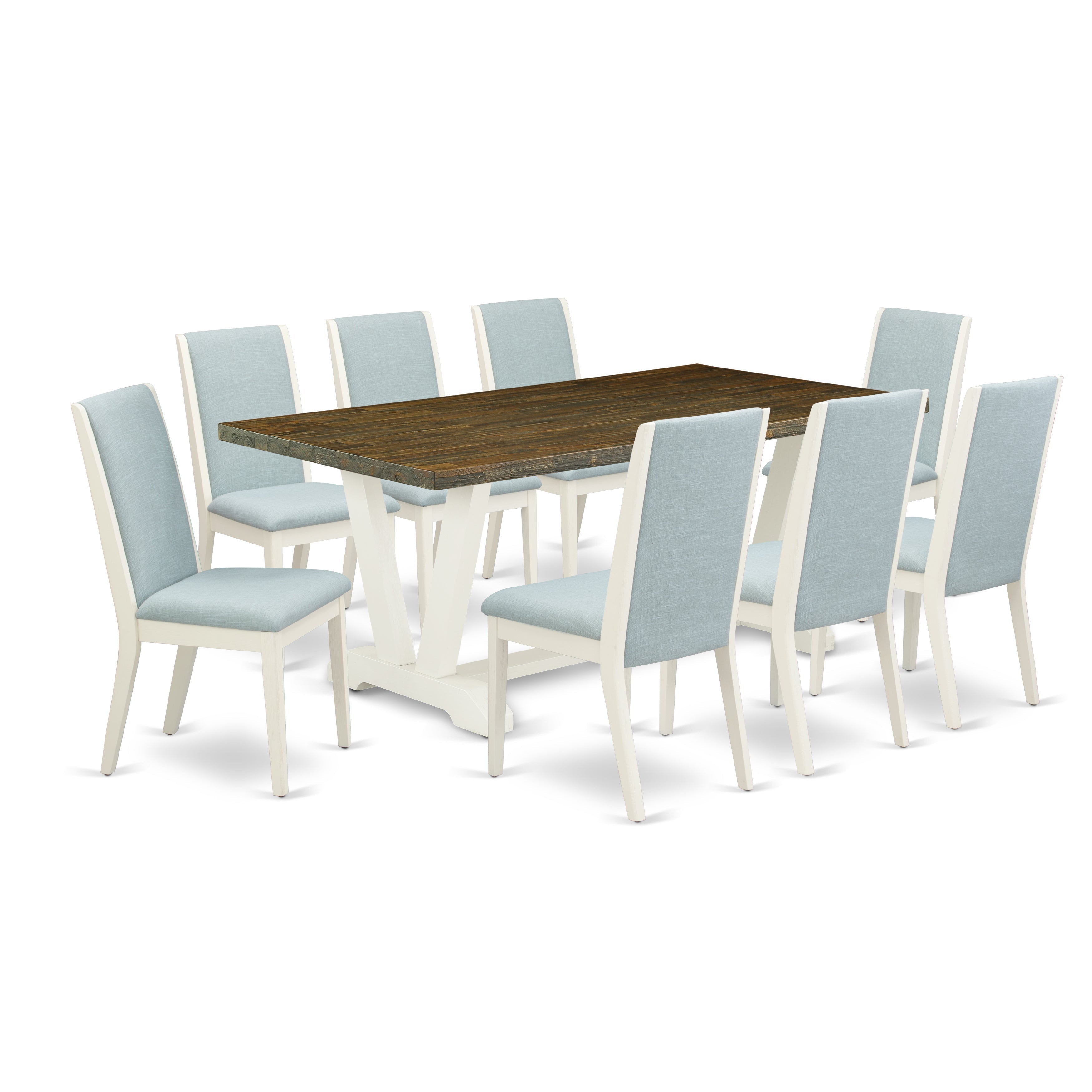 East West Furniture V077LA015-9 9Pc Dining Table set Consists of a Rectangular Table and 8 Upholstered Dining Chairs with Baby Blue Color Linen Fabric, Medium Size Table with Full Back Chairs, Wirebrushed Linen White and Distressed Jacobean Finish
