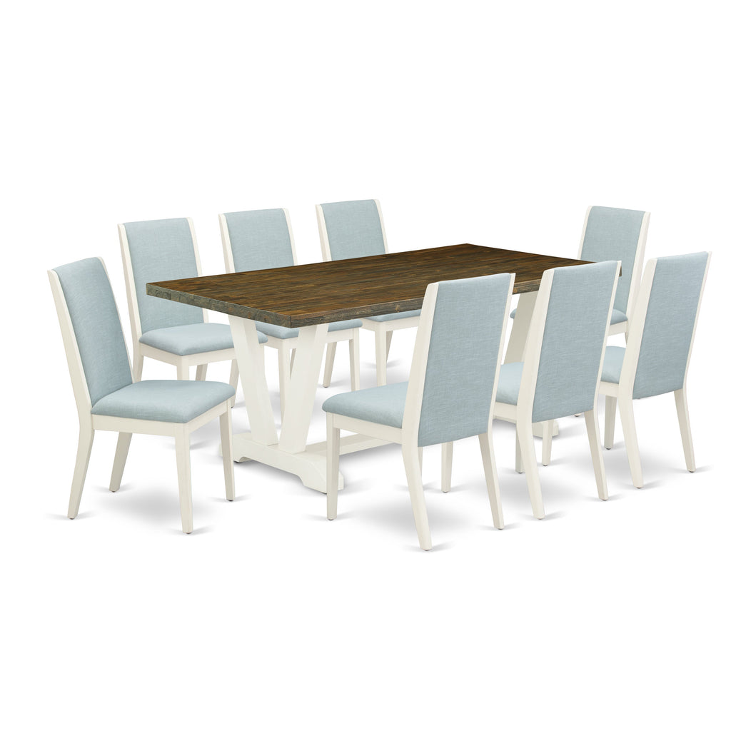 East West Furniture V077LA015-9 9 Piece Dining Set Includes a Rectangle Dining Room Table with V-Legs and 8 Baby Blue Linen Fabric Upholstered Chairs, 40x72 Inch, Multi-Color