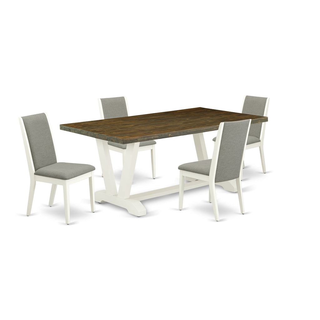 Juego de mesa de comedor de 5 piezas East West Furniture V077LA206-5 para 4 personas. Incluye una mesa de cocina rectangular con patas en V y 4 sillas Parson tapizadas en tela de lino Shitake.