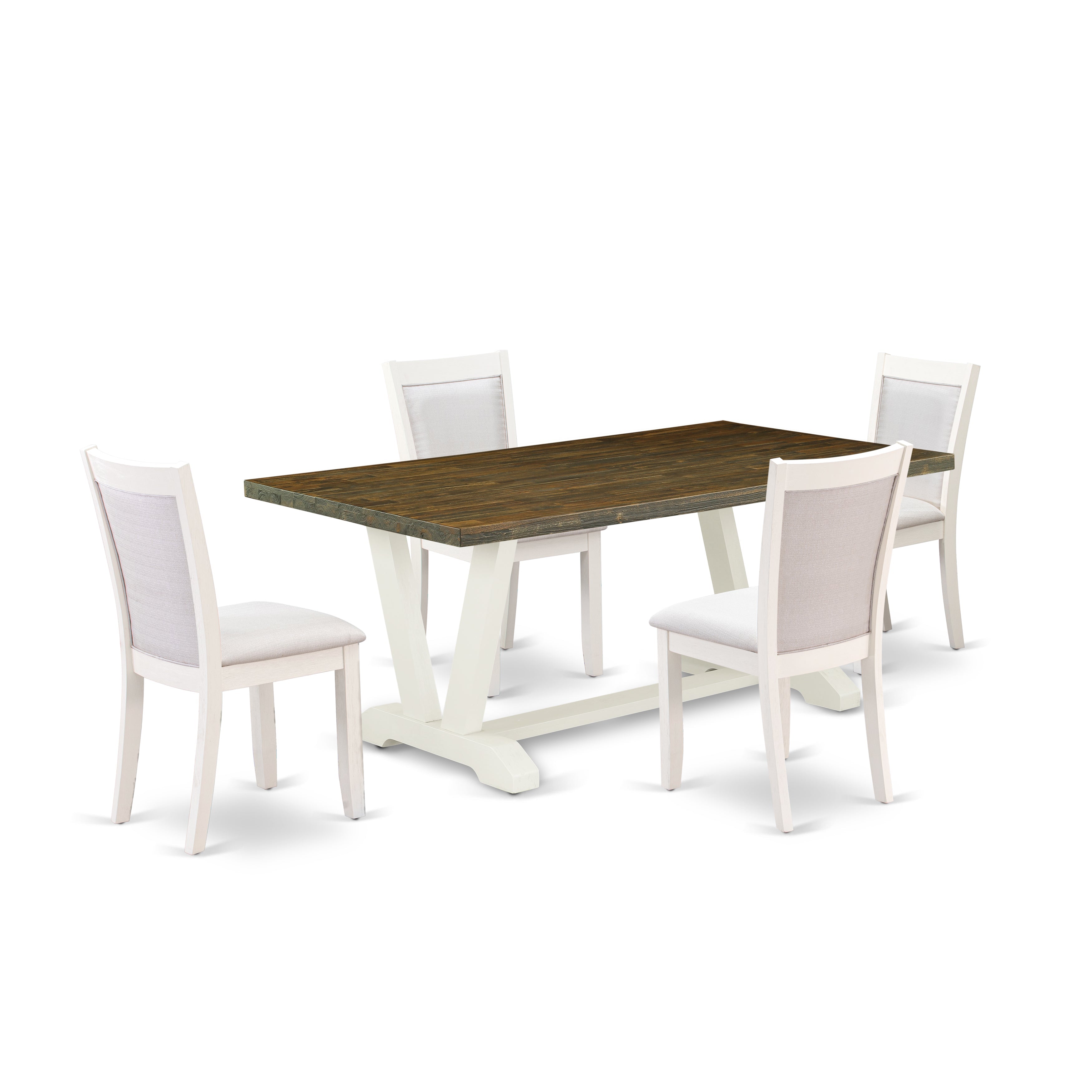 East West Furniture V077MZ001-5 5-Pc Dinner Table Set Contains a Rectangular Table and 4 Cream Linen Fabric Dining Chairs with Stylish Back - Wire Brushed linen white Finish