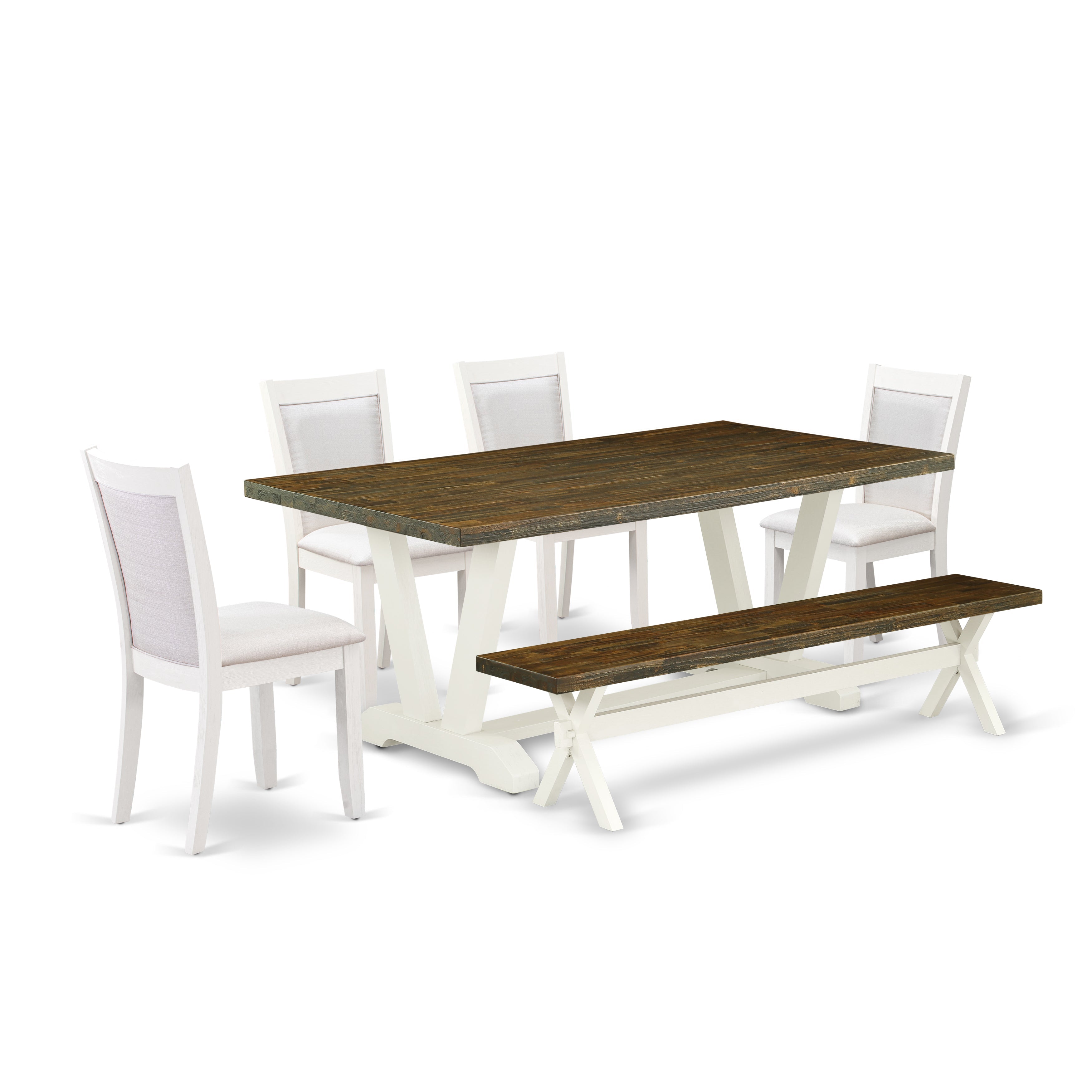 East West Furniture V077MZ001-6 6-Pc Dinner Table Set Contains a Wood Table - 4 Cream Linen Fabric Dining Chairs with Stylish Back and a Wood Bench - Wire Brushed linen white Finish
