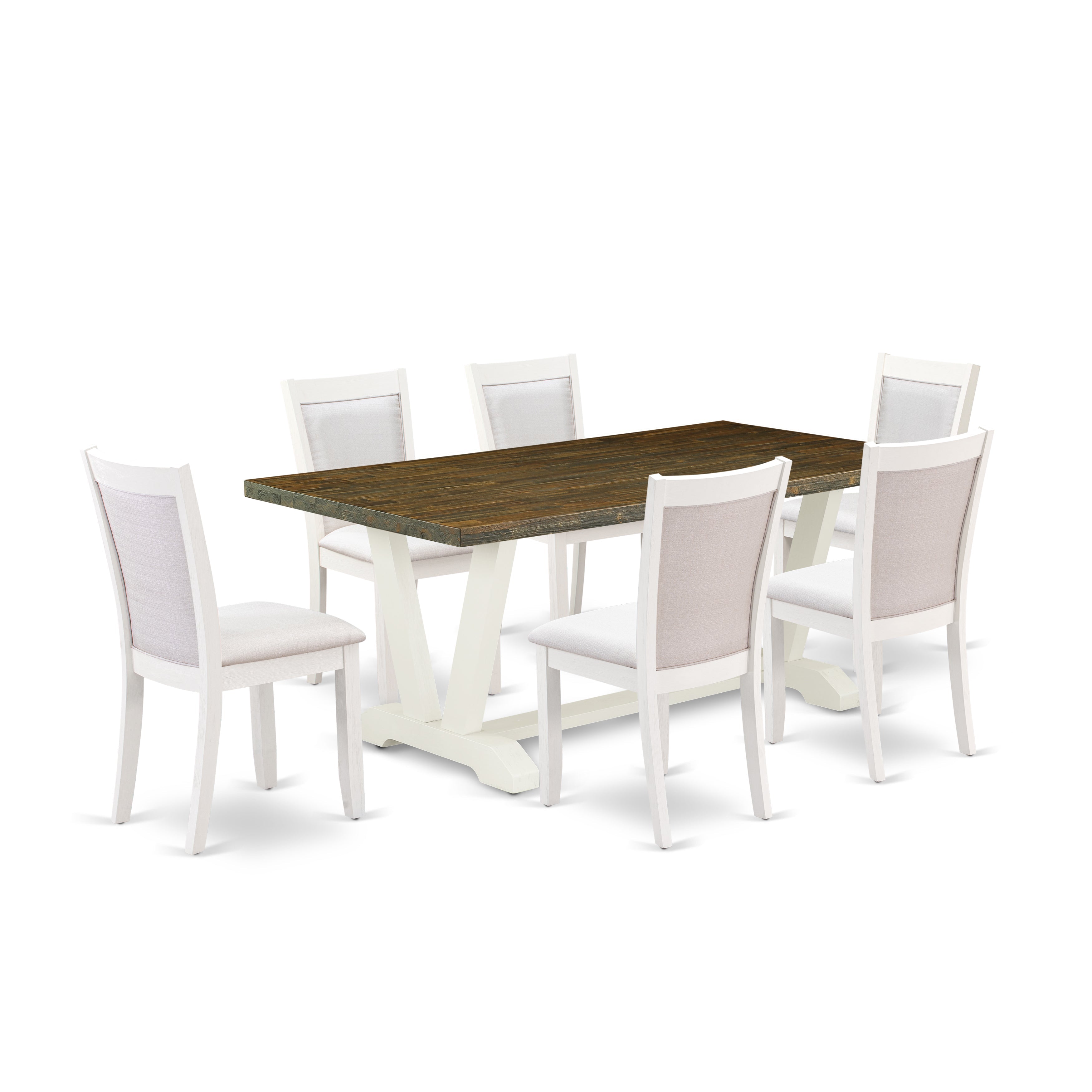 East West Furniture V077MZ001-7 7-Pc Dinette Set Contains a Wood Dining Table and 6 Cream Linen Fabric Parson Chairs with Stylish Back - Wire Brushed linen white Finish