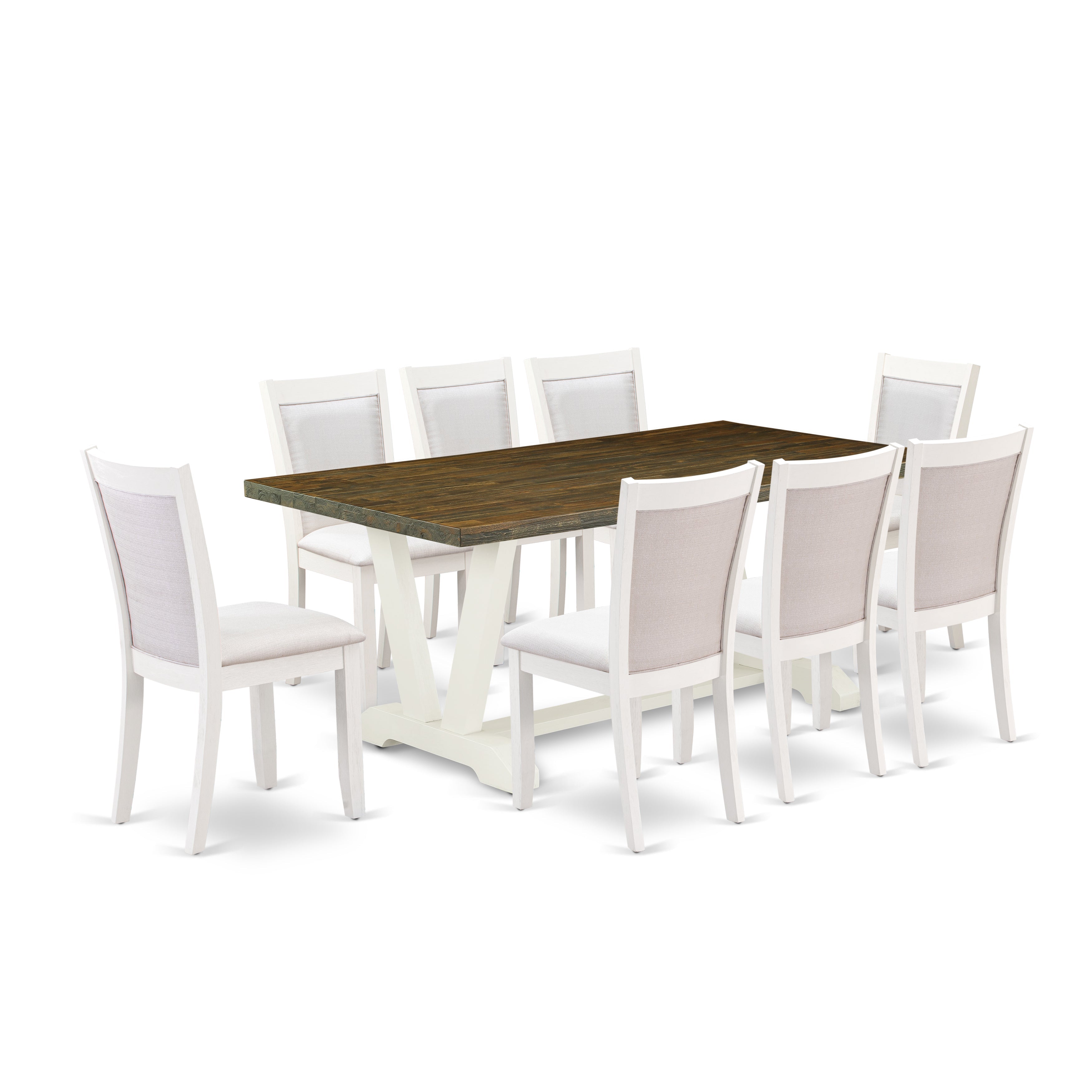 East West Furniture V077MZ001-9 9-Pc Dining Set Contains a Dining Table and 8 Cream Linen Fabric Dining Room Chairs with Stylish Back - Wire Brushed linen white Finish