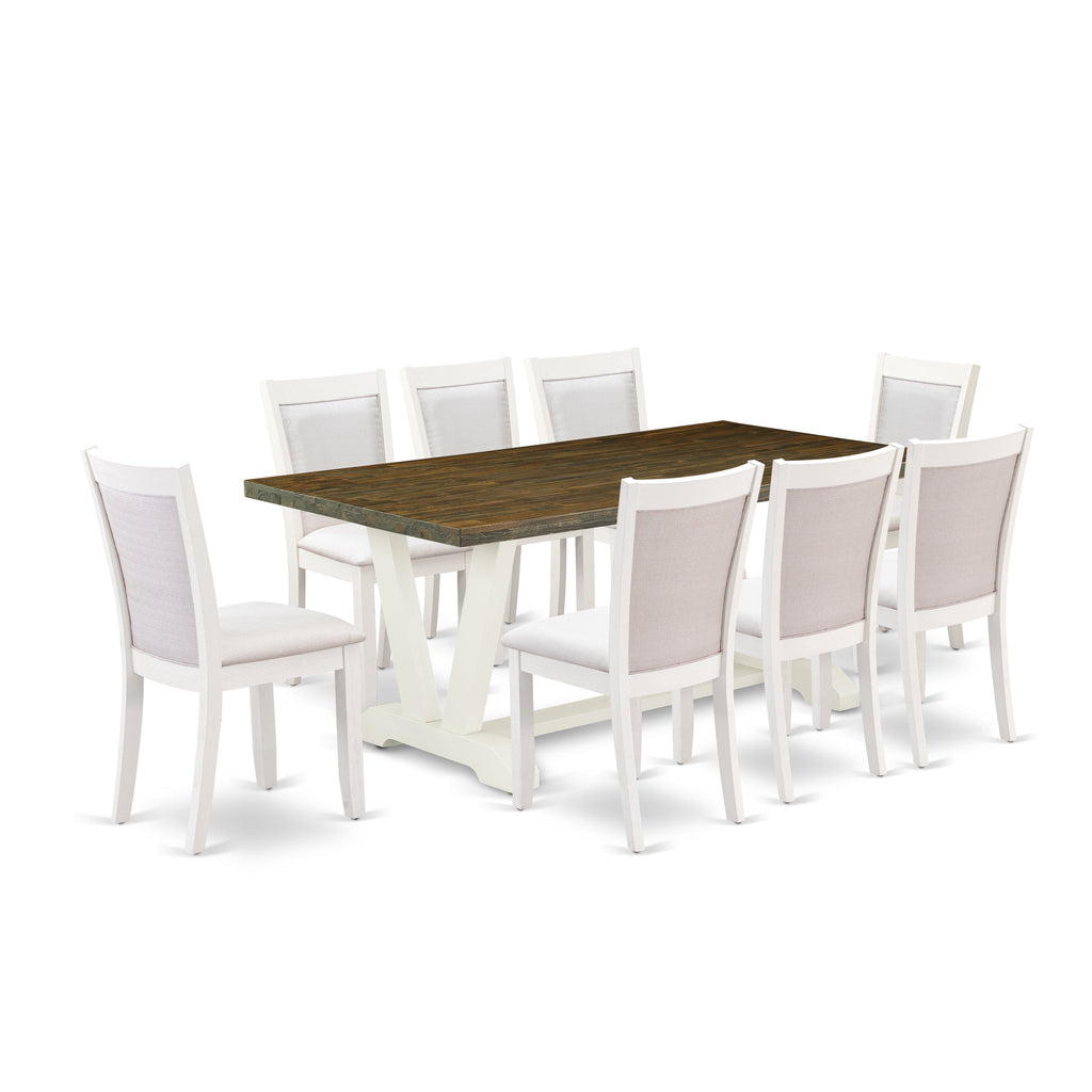East West Furniture V077MZ001-9 9 Piece Modern Dining Table Set Includes a Rectangle Wooden Table with V-Legs and 8 Cream Linen Fabric Parson Dining Chairs