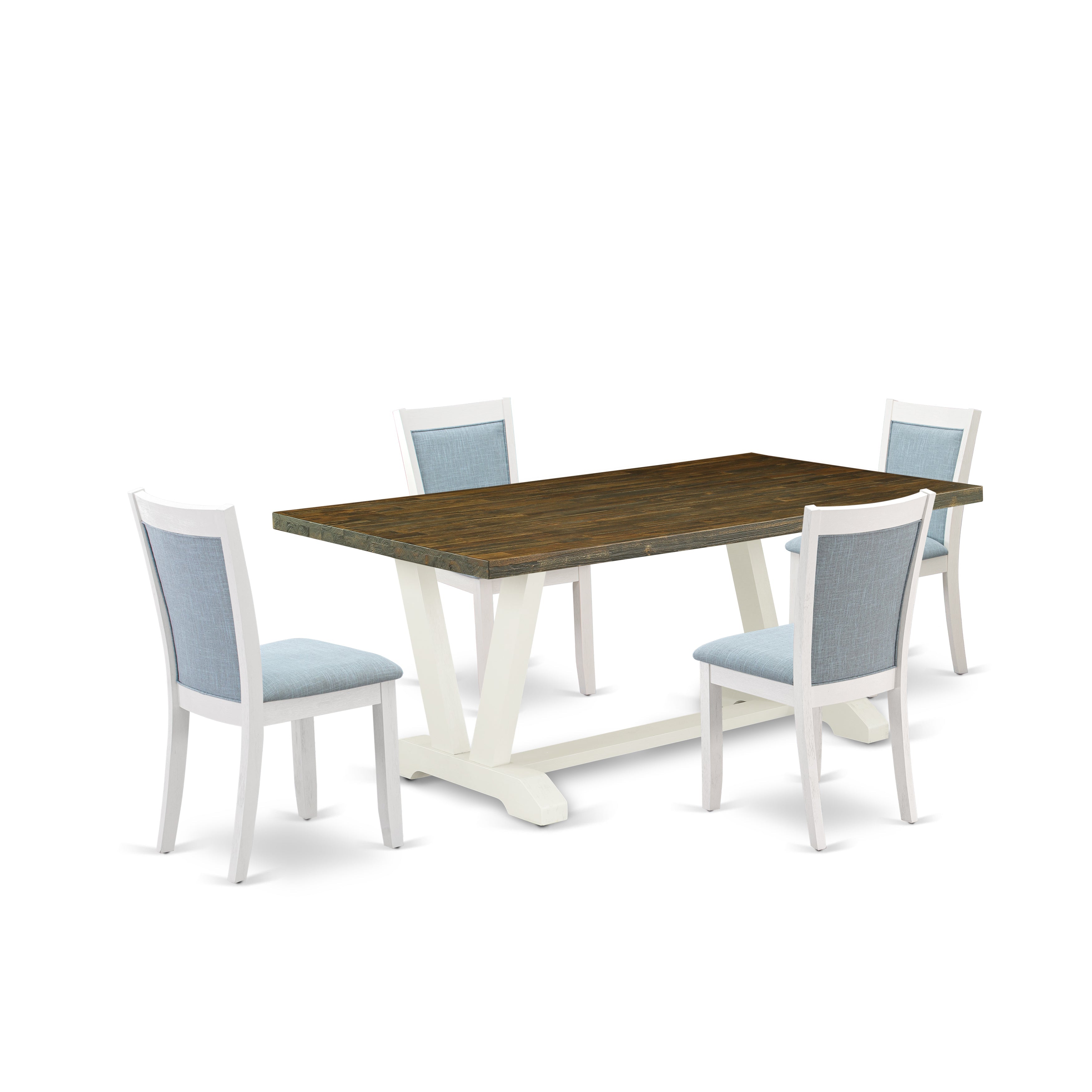 East West Furniture V077MZ015-5 5-Pc Kitchen Dining Table Set Contains a Dining Table and 4 Baby Blue Linen Fabric Upholstered Chairs with Stylish Back - Wire Brushed linen white Finish