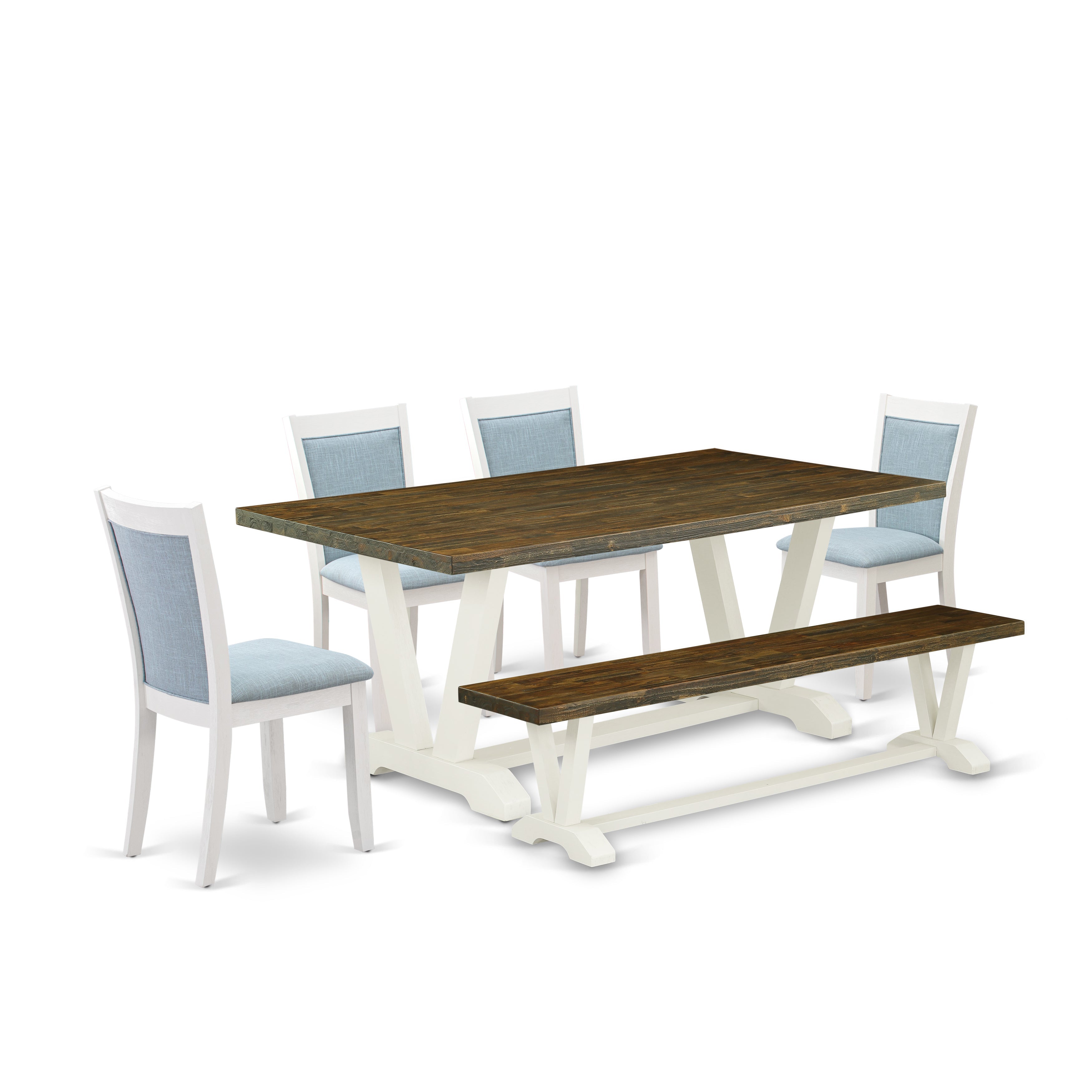 East West Furniture V077MZ015-6 6-Pc Kitchen Table Set Contains a Wooden Dining Table - 4 Baby Blue Linen Fabric Dining Chairs with Stylish Back and a Wood Bench - Wire Brushed linen white Finish