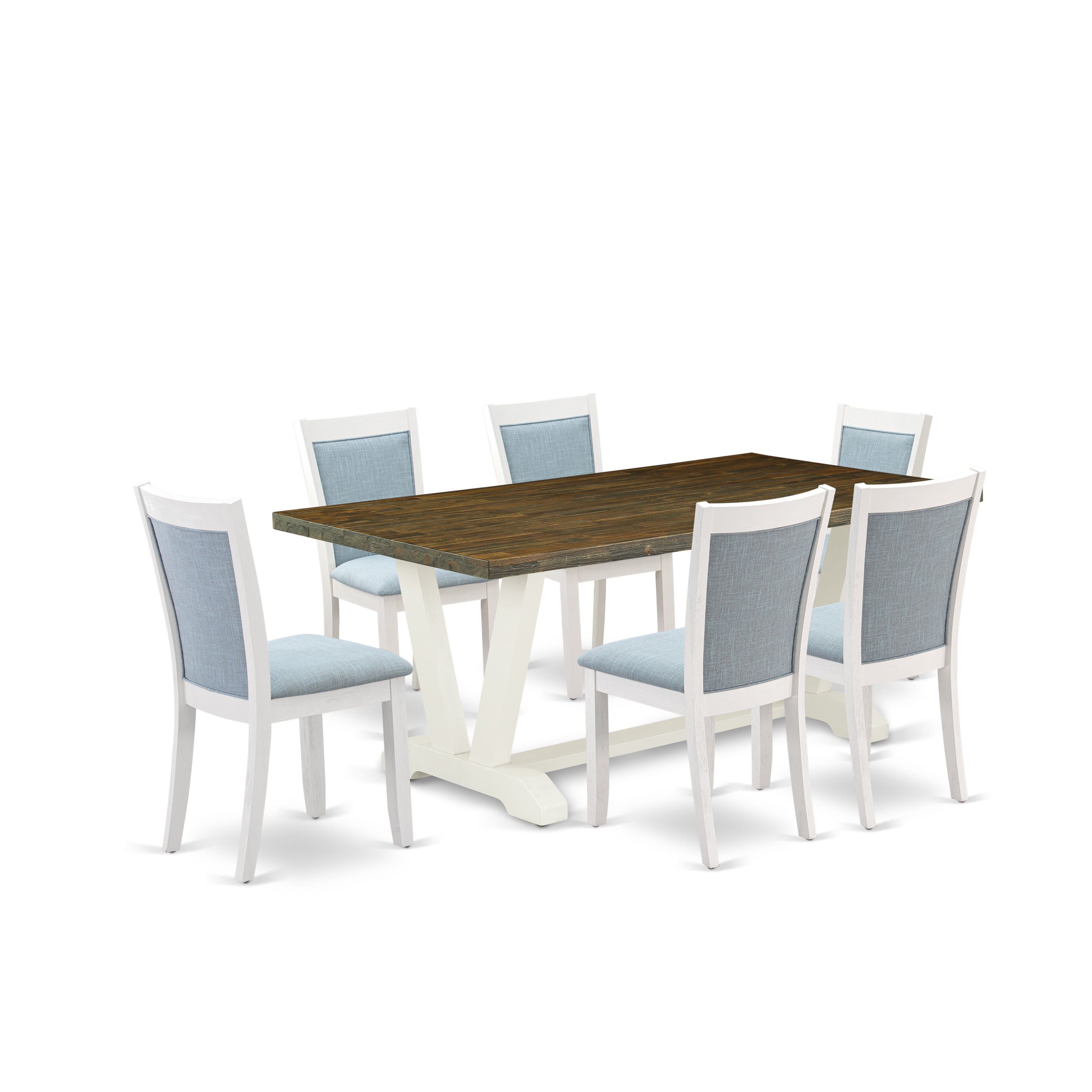 East West Furniture V077MZ015-7 7-Pc Dining Room Table Set Contains a Dining Table and 6 Baby Blue Linen Fabric Dining Room Chairs with Stylish Back - Wire Brushed linen white Finish