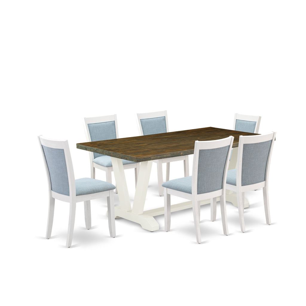 East West Furniture V077MZ015-7 7 Piece Dinette Set Consist of a Rectangle Dining Room Table with V-Legs and 6 Baby Blue Linen Fabric Parson Dining Chairs