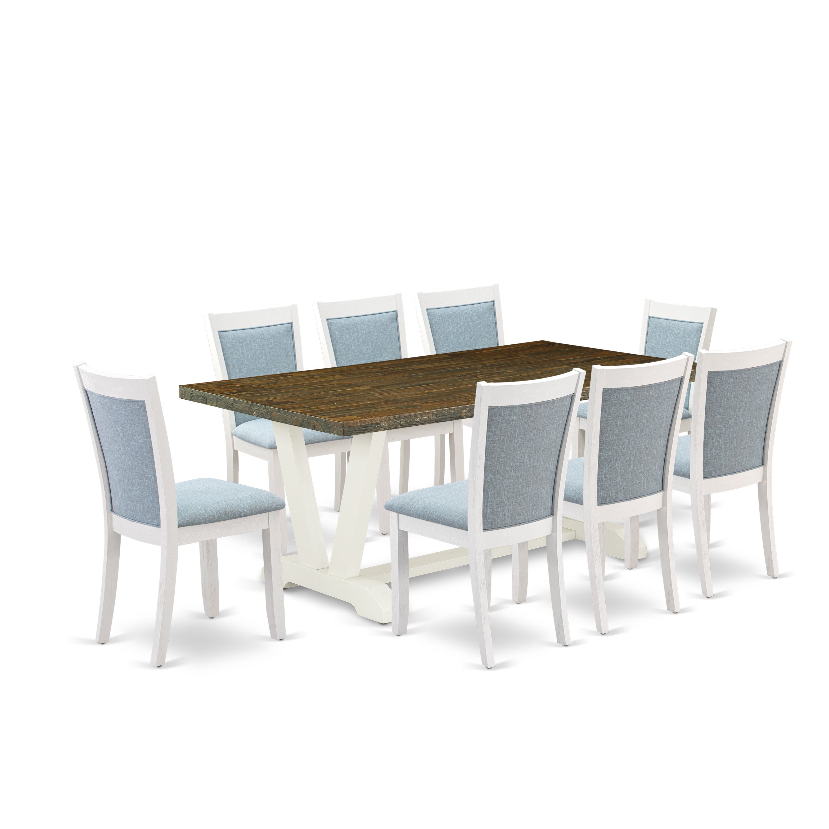 East West Furniture V077MZ015-9 9-Pc Dining Table Set Contains a Modern Table and 8 Baby Blue Linen Fabric Dining Chairs with Stylish Back - Wire Brushed linen white Finish