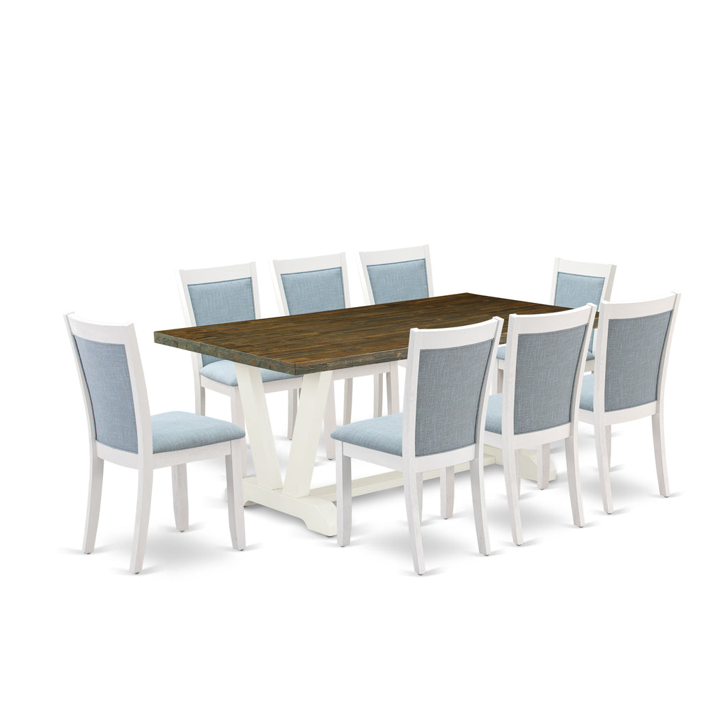 East West Furniture V077MZ015-9 9 Piece Kitchen Table & Chairs Set Includes a Rectangle Dining Room Table with V-Legs and 8 Baby Blue Linen Fabric Parsons Chairs