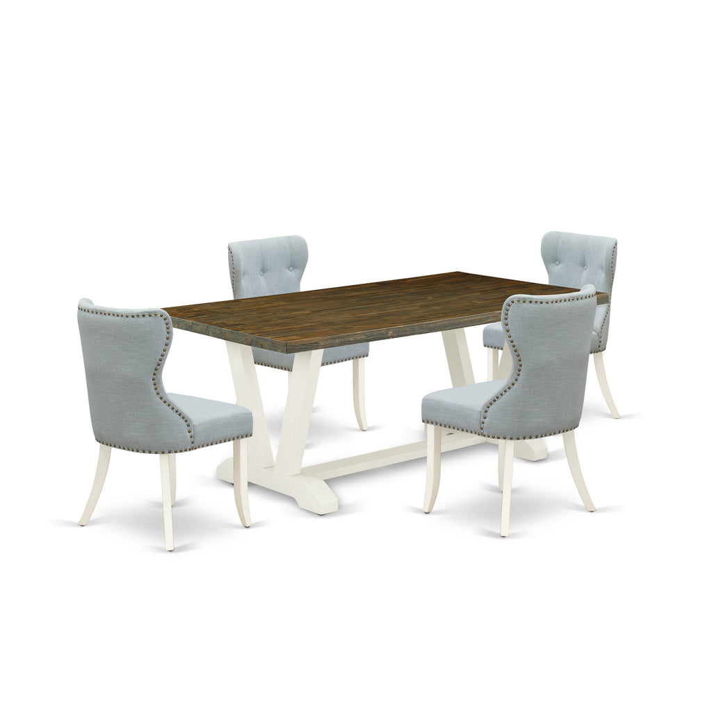 Juego de comedor de 5 piezas East West Furniture V077SI215-5. Incluye una mesa de comedor rectangular con patas en V y 4 sillas Parson tapizadas en tela de lino azul bebé.