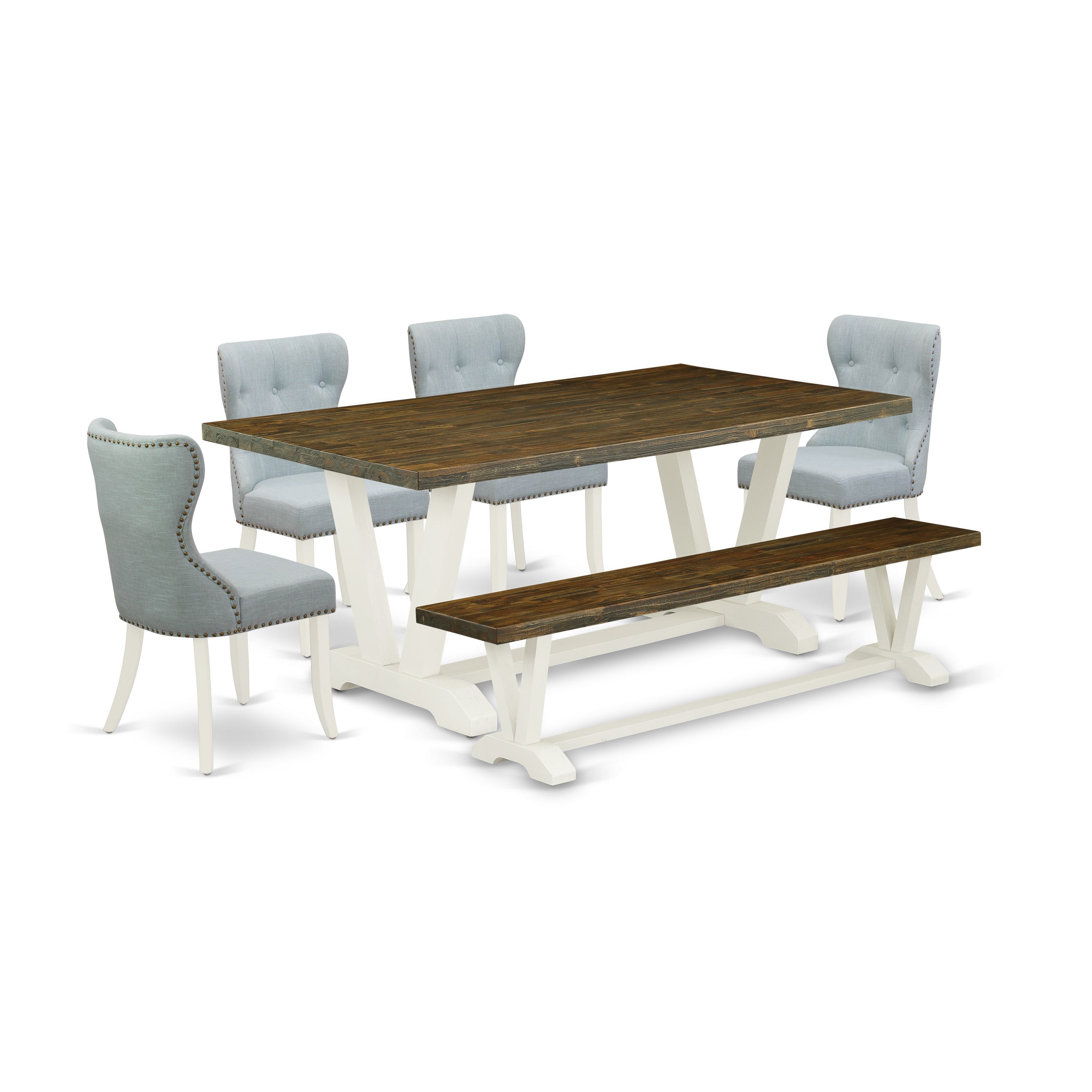 East West Furniture V077SI215-6 6-Piece Dining Table Set- 4 Baby Blue Linen Fabric Padded Parson Chairs with Button Tufted Back - A Dining Room Table and 1 Kitchen Bench - and linen white Finish