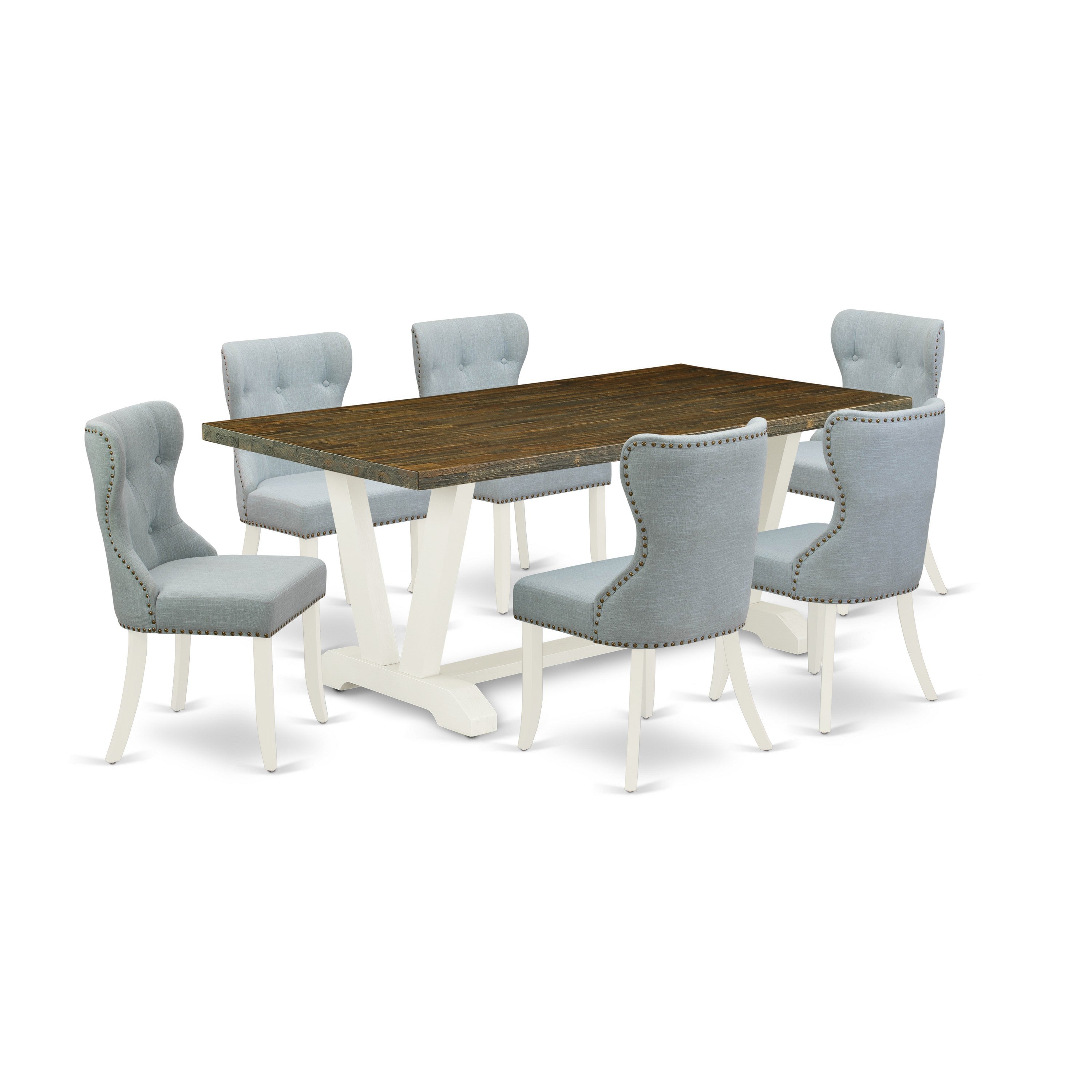 7-Piece Dinette Set- 6 Upholstered Dining Chairs with Baby Blue Linen Fabric Seat and Button Tufted Chair Back - Rectangular Table top & Wooden Legs - Distressed Jacobean and linen white Finish