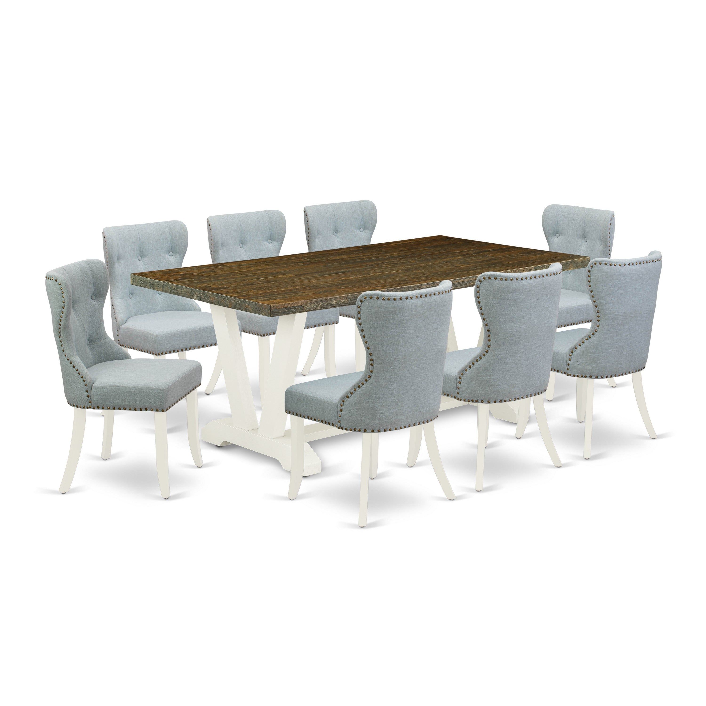 East West Furniture 9-Pc Dinette Set- 8 Parson dining room chairs with Baby Blue Linen Fabric Seat and Button Tufted Chair Back - Rectangular Table top & Wooden Legs - Distressed Jacobean and linen white Finish