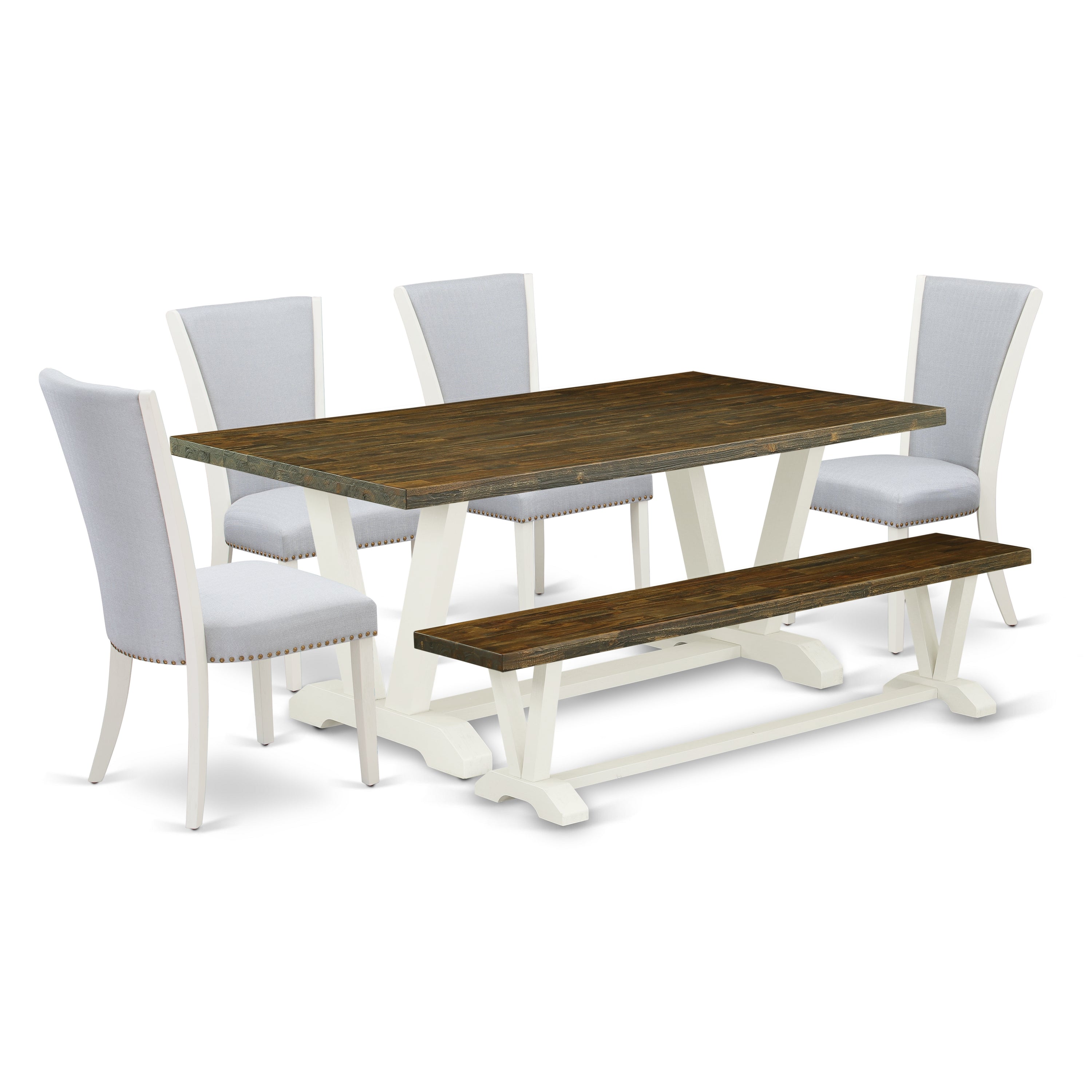 Juego de mesa de cocina de 6 piezas East West Furniture V077VE005-6. Contiene una mesa de comedor rectangular con patas en V y 4 sillas Parson de tela de lino gris con un banco.