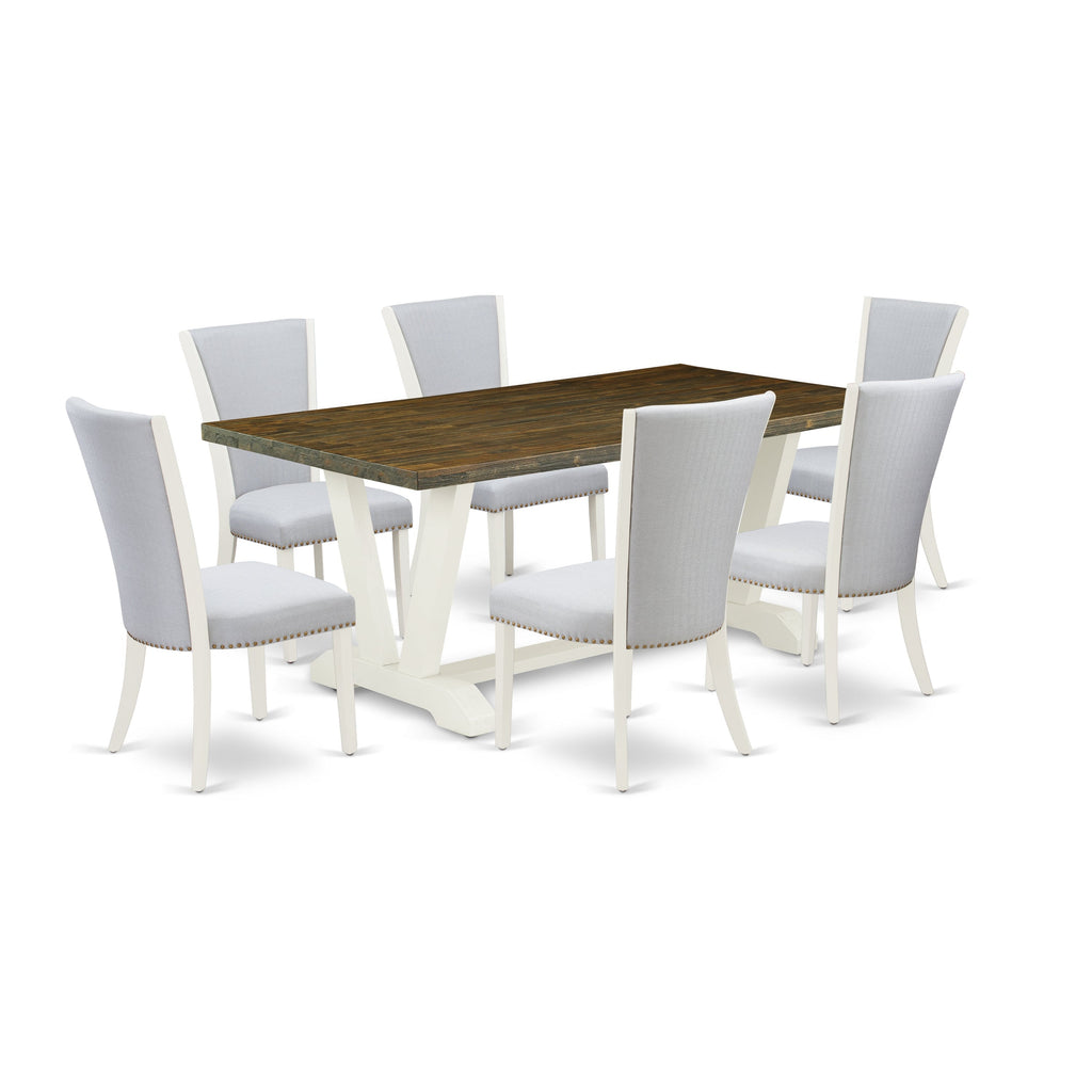 Juego de comedor de 7 piezas East West Furniture V077VE005-7 compuesto por una mesa de comedor rectangular con patas en V y 6 sillas Parsons de tela de lino gris.