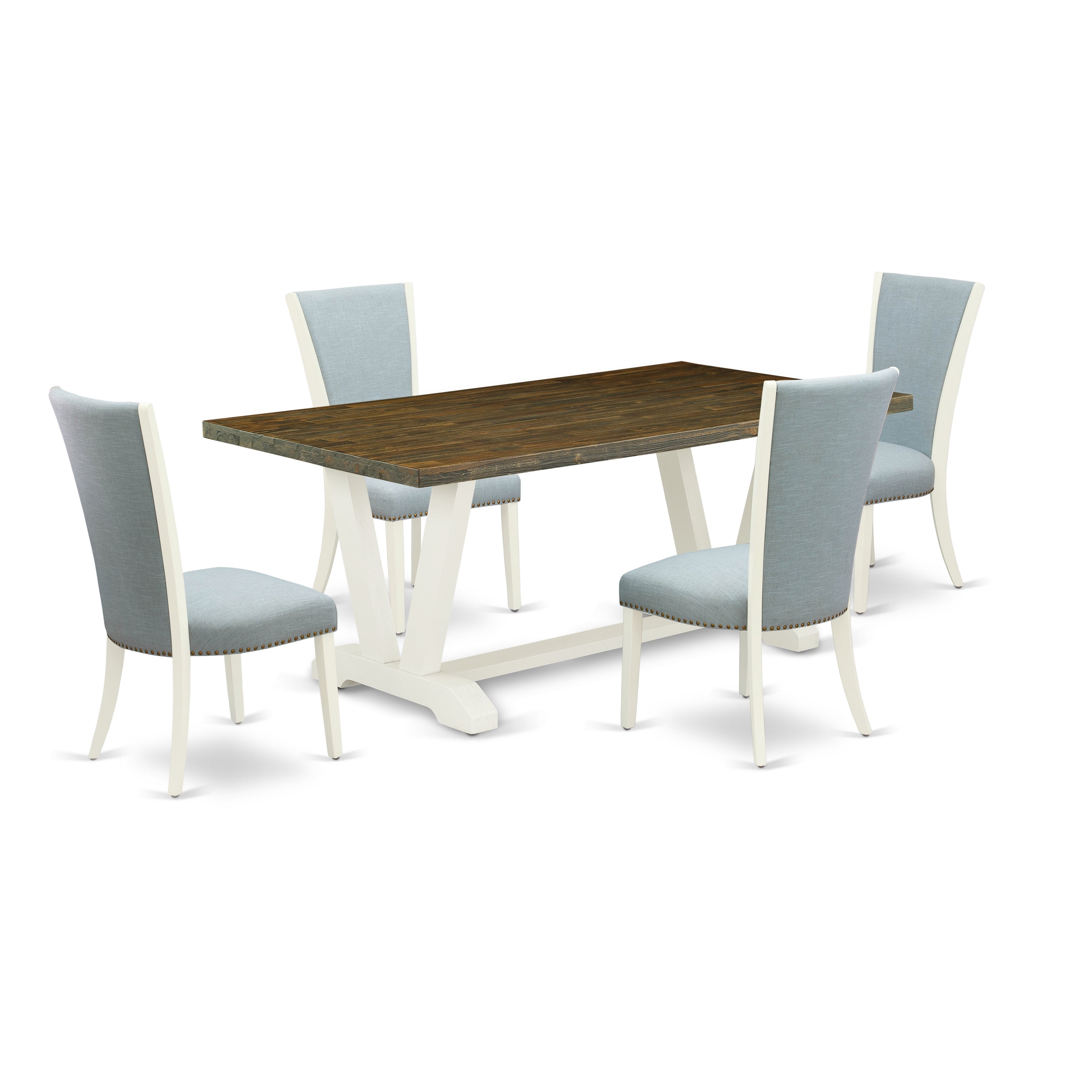East West Furniture V077VE215-5 5 Piece Mid Century Dining Set - 4 Baby Blue Linen Fabric Parson Chairs with Nailheads and Distressed Jacobean Wooden Table - linen white Finish