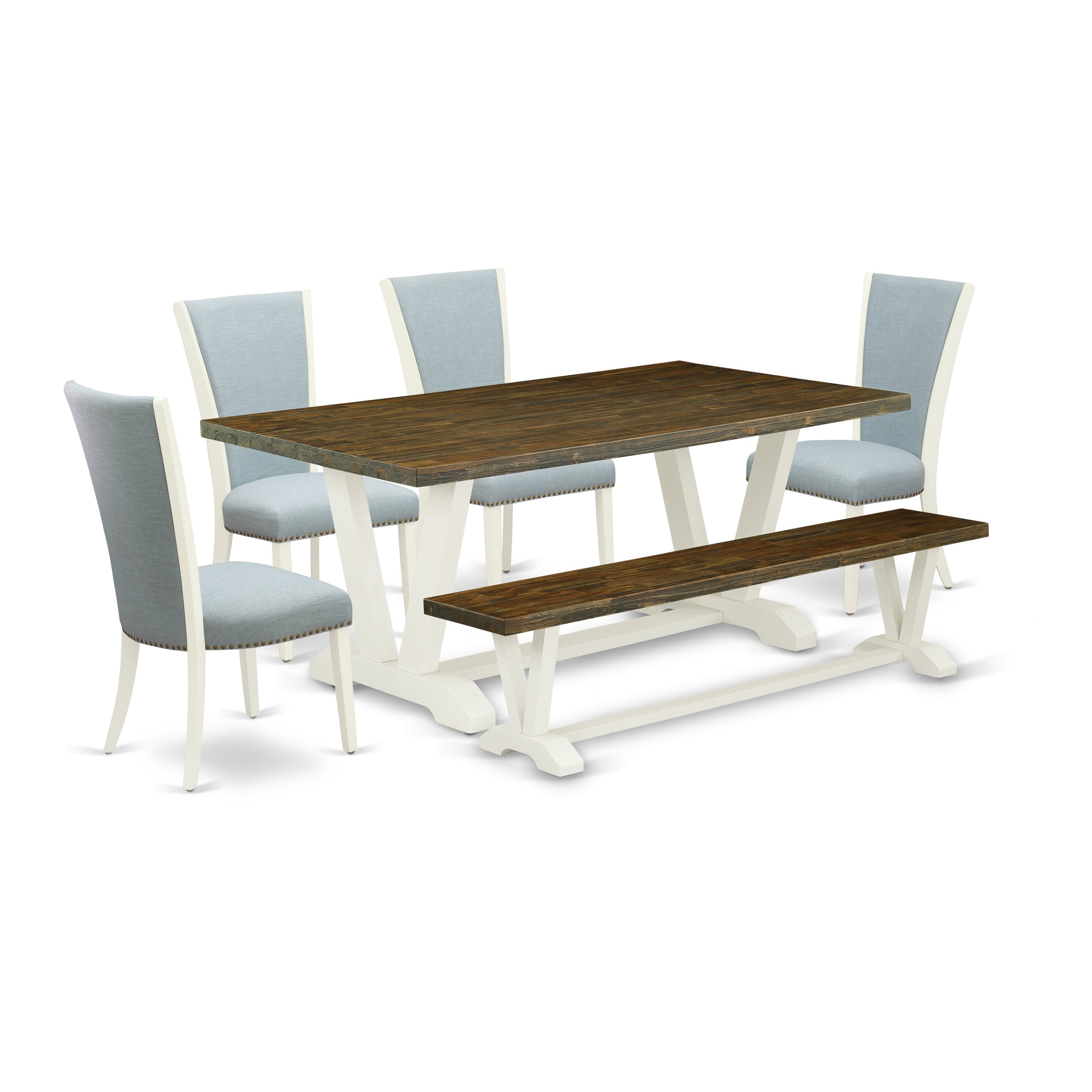 East West Furniture V077VE215-6 6 Piece Dining Table Set - 4 Baby Blue Linen Fabric Dining Chair with Nailheads and Distressed Jacobean Dining Table - 1 Kitchen Bench - linen white Finish