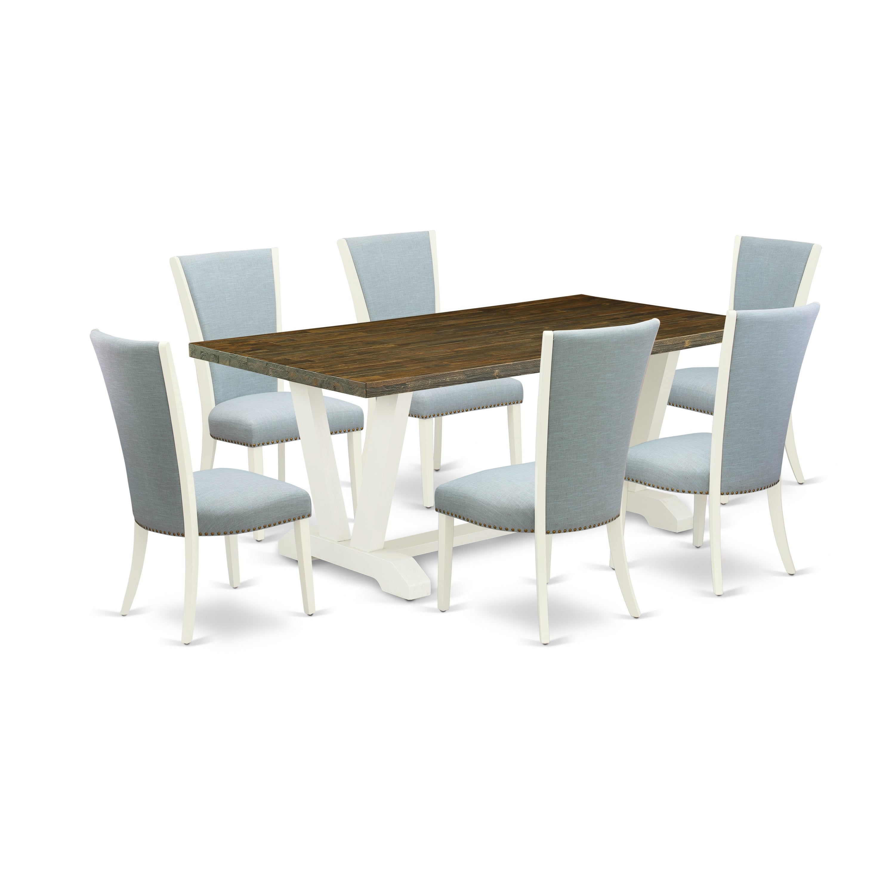 East West Furniture V077VE215-7 7 Piece Dining Set - 6 Baby Blue Linen Fabric Kitchen Chairs with Nail Heads and Distressed Jacobean Kitchen Table - linen white Finish