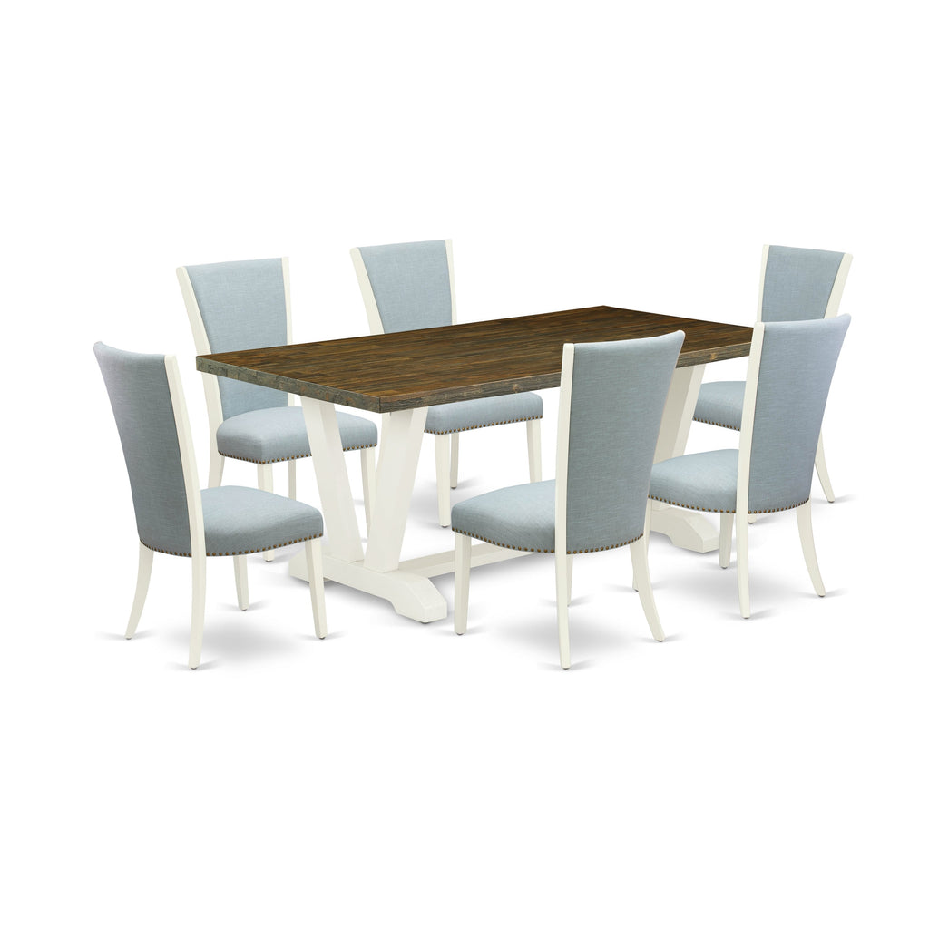 East West Furniture V077VE215-7 7 Piece Dining Table Set Consist of a Rectangle Wooden Table with V-Legs and 6 Baby Blue Linen Fabric Parson Dining Room Chairs, 40x72 Inch, Multi-Color