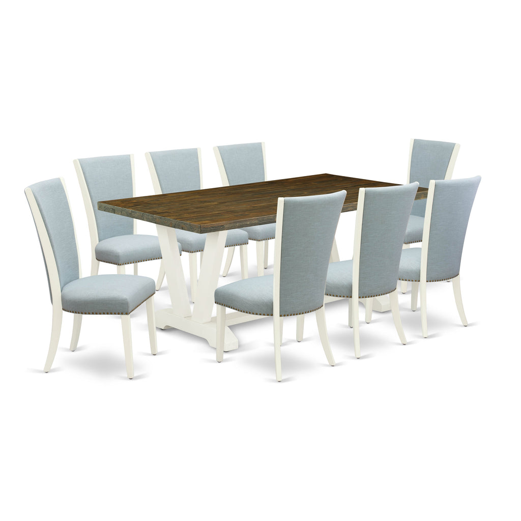 Juego de comedor East West Furniture V077VE215-9 de 9 piezas. Incluye una mesa de comedor rectangular con patas en V y 8 sillas tapizadas en tela de lino azul bebé.