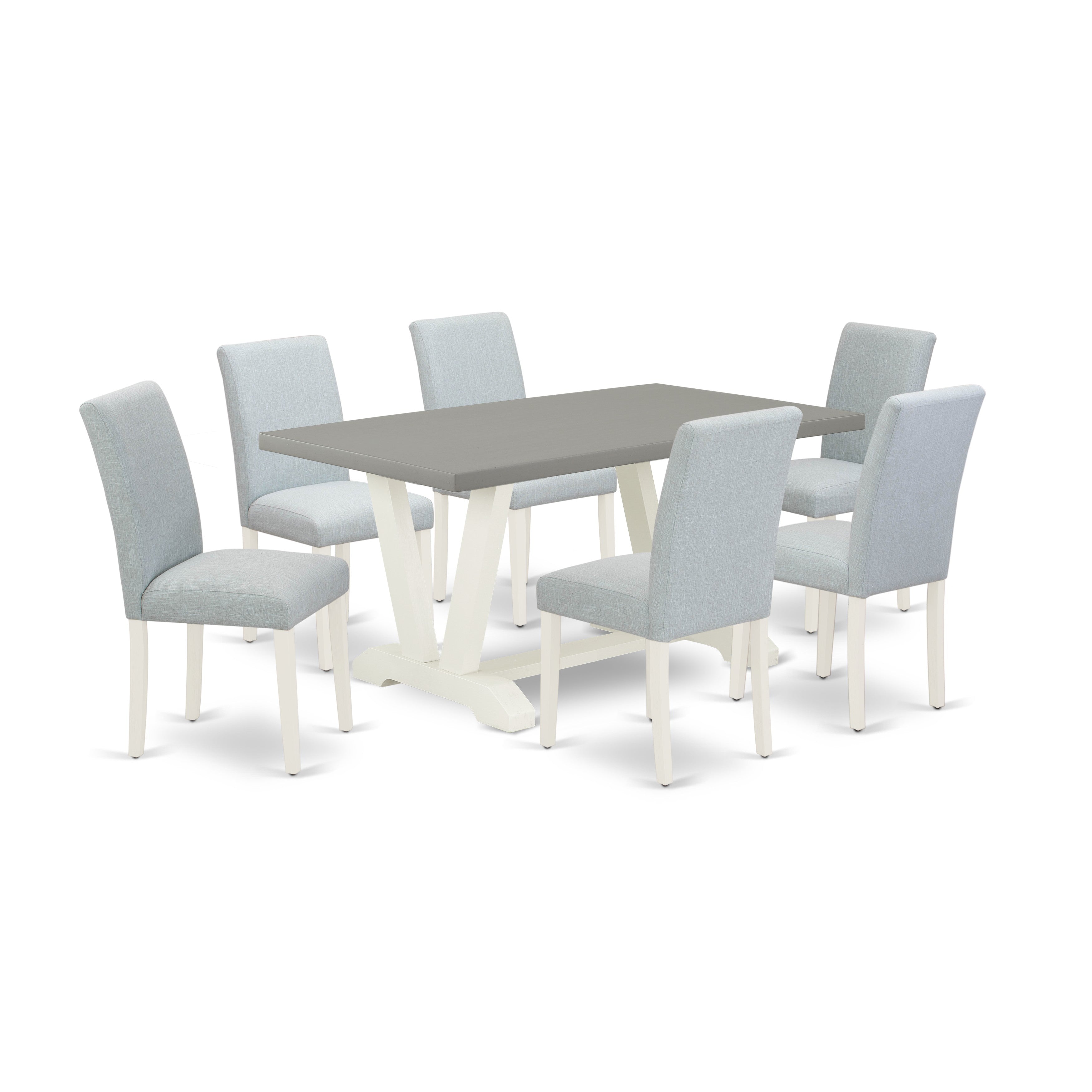 Juego de comedor East West Furniture V096AB015-7 de 7 piezas compuesto por una mesa de comedor rectangular con patas en V y 6 sillas Parson tapizadas en tela de lino azul bebé