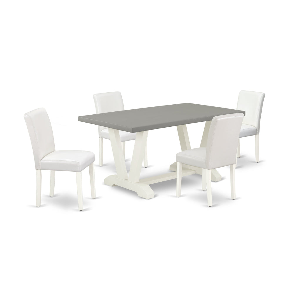 Juego de mesa y sillas de cocina de 5 piezas East West Furniture V096AB264-5. Incluye una mesa de comedor rectangular con patas en V y 4 sillas de comedor Parsons de piel sintética blanca.