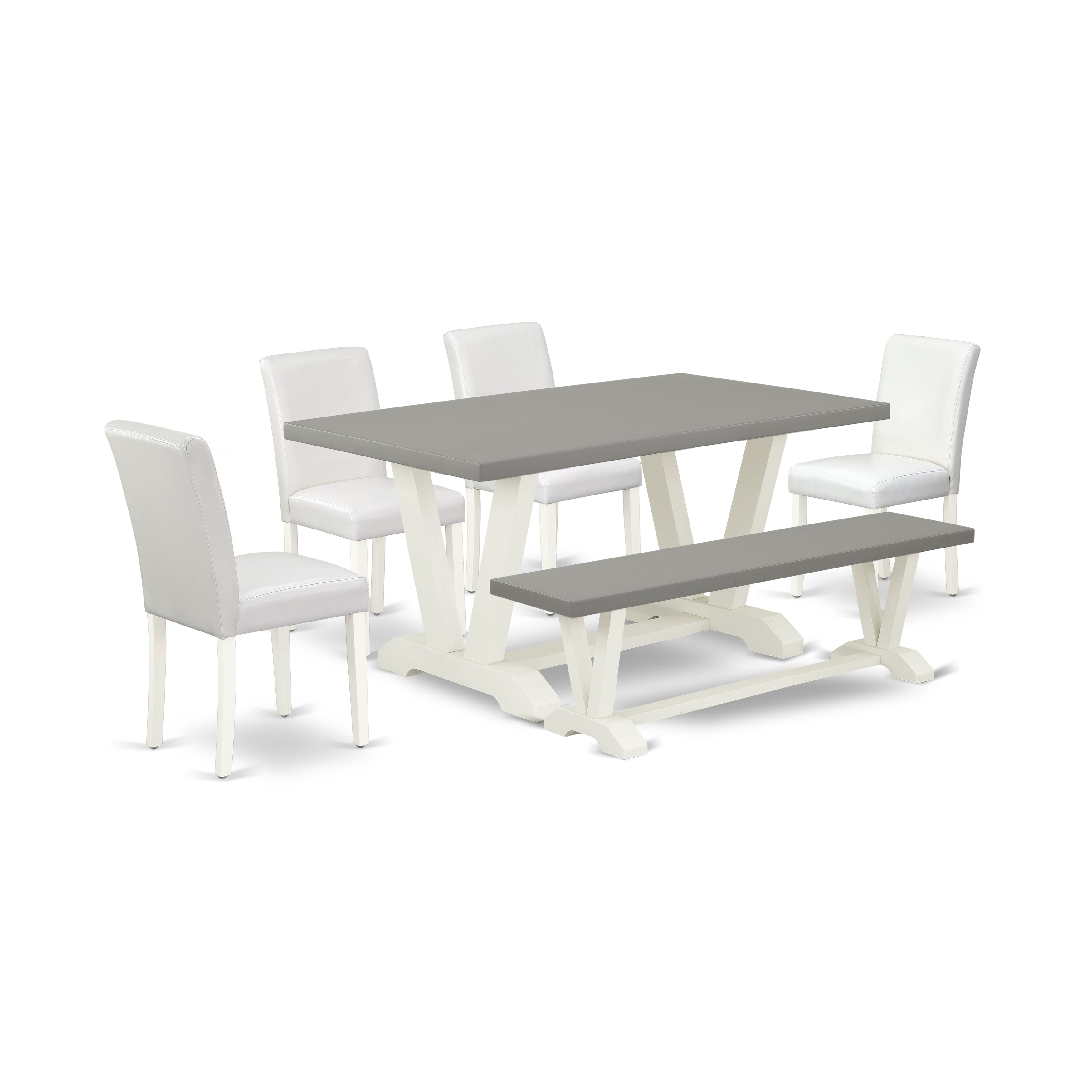 East West Furniture V096AB264-6 6-Piece Dining Set with Wood Table and dining Bench - 4 PU faux Leather dining room chairs (linen white Finish)