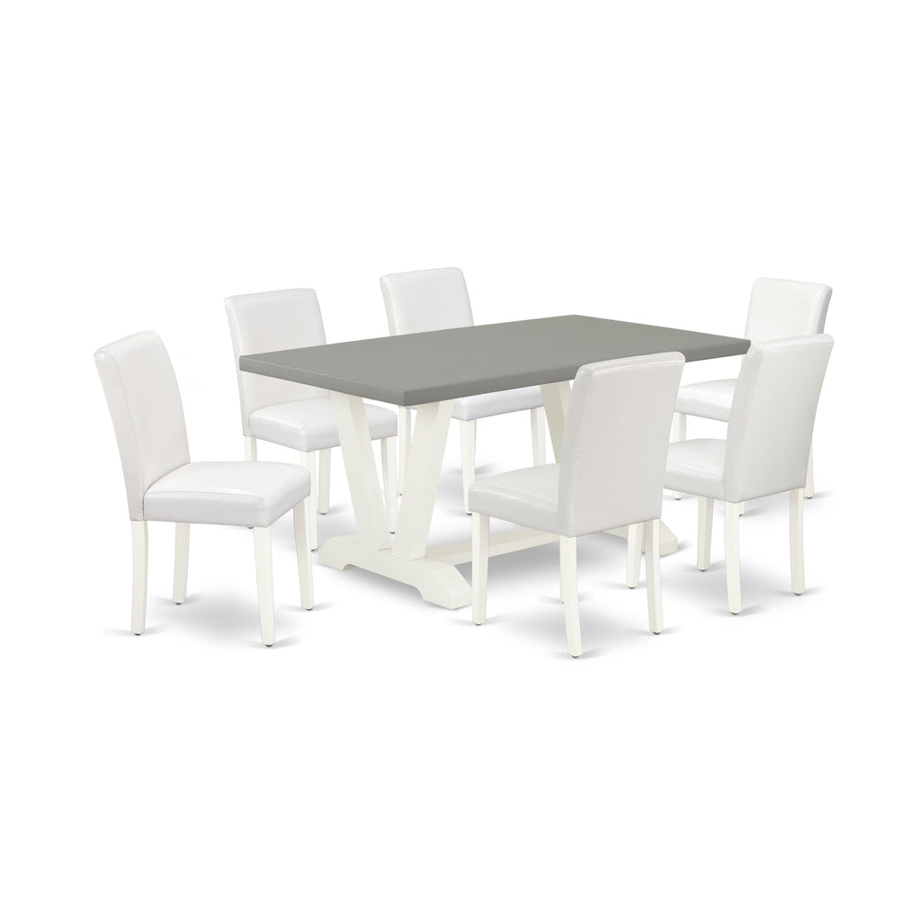 Juego de comedor de 7 piezas East West Furniture V096AB264-7 compuesto por una mesa de comedor rectangular con patas en V y 6 sillas Parson tapizadas en piel sintética blanca.