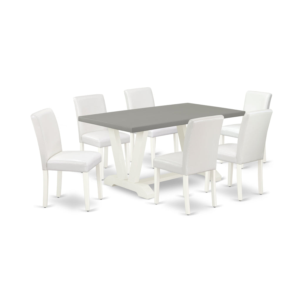 East West Furniture V096AB264-7 7 Piece Dining Set Consist of a Rectangle Dining Room Table with V-Legs and 6 White Faux Leather Upholstered Parson Chairs, 36x60 Inch, Multi-Color