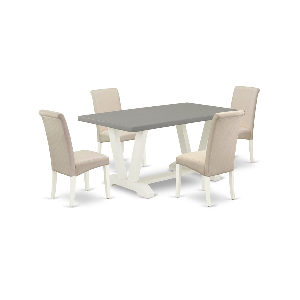 Juego de mesa y sillas de cocina de 5 piezas East West Furniture V096BA201-5. Incluye una mesa de comedor rectangular con patas en V y 4 sillas tapizadas en tela de lino color crema.