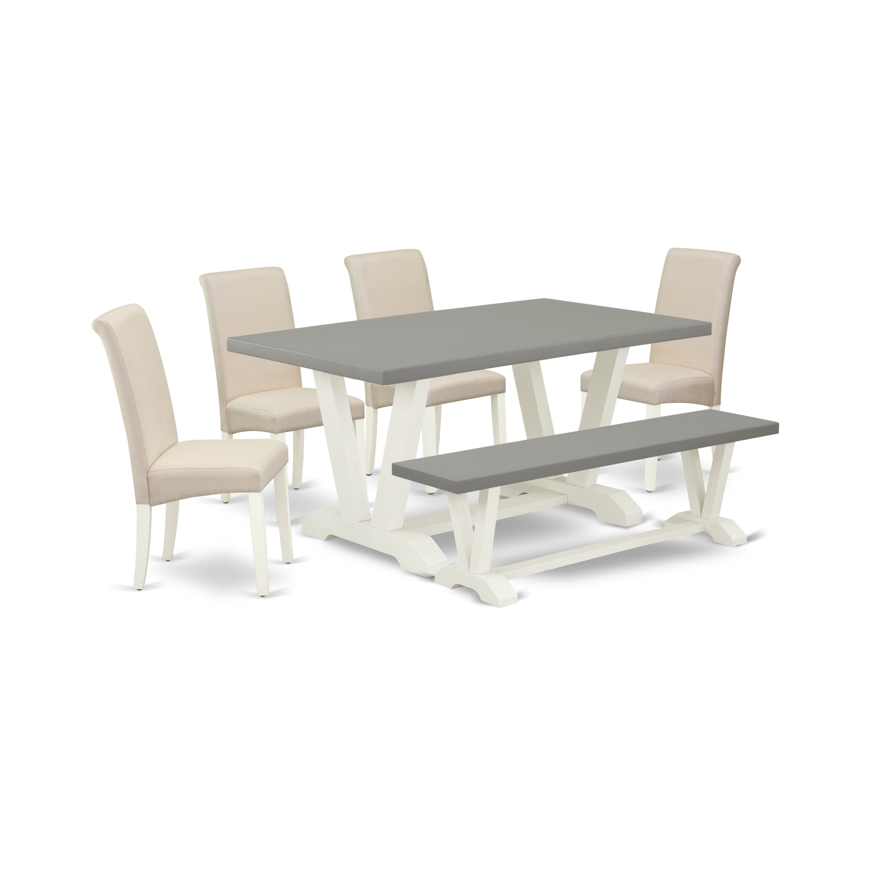East West Furniture V096BA201-6 6-Piece Dining Table Set with Dining Table and Dining Bench - 4 Linen Fabric Padded Parson (linen white Finish)