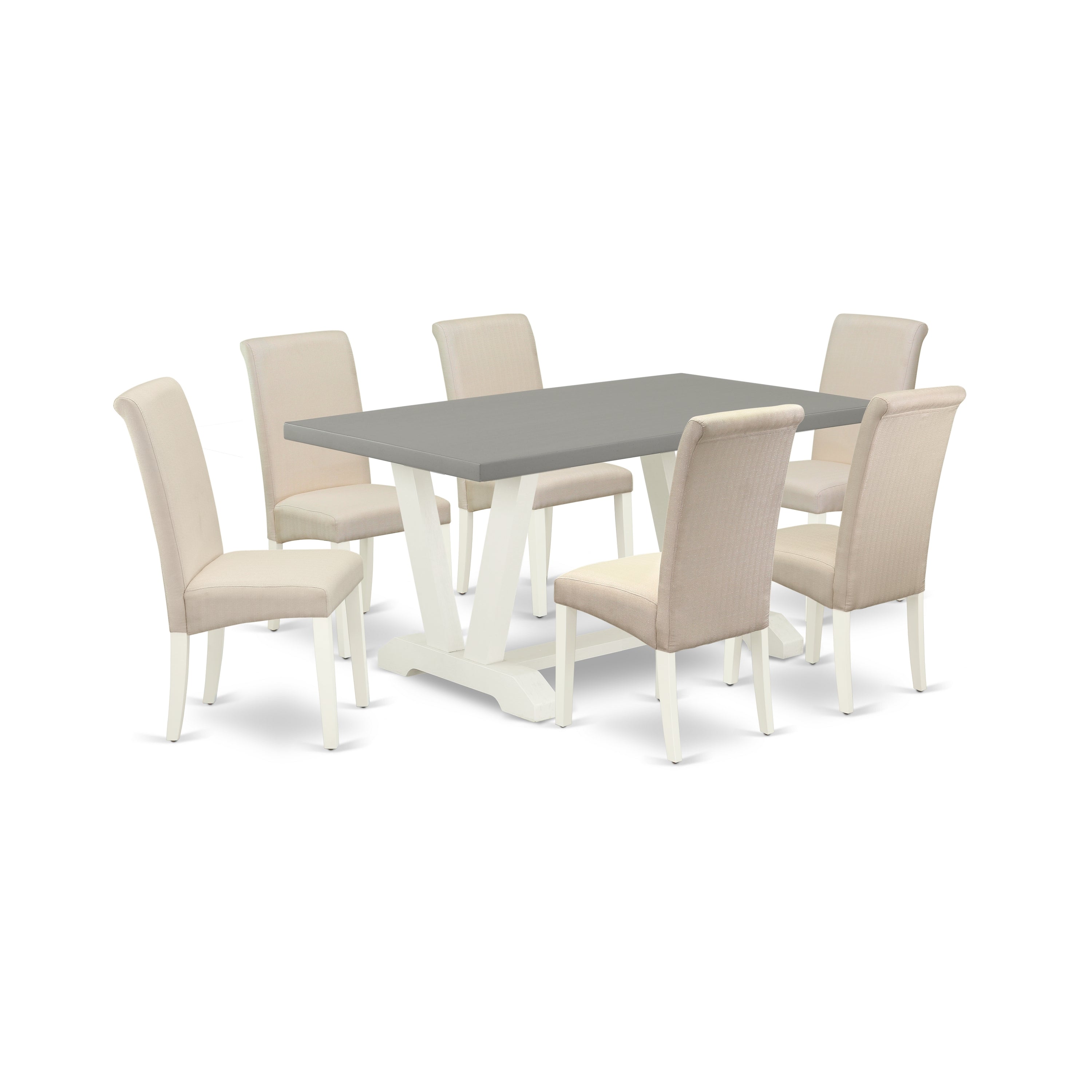 East West Furniture V096BA201-7 7-Piece Modern Dining Table Set with Dining Room Table and 6 Linen Fabric Dining Chairs (linen white Finish)